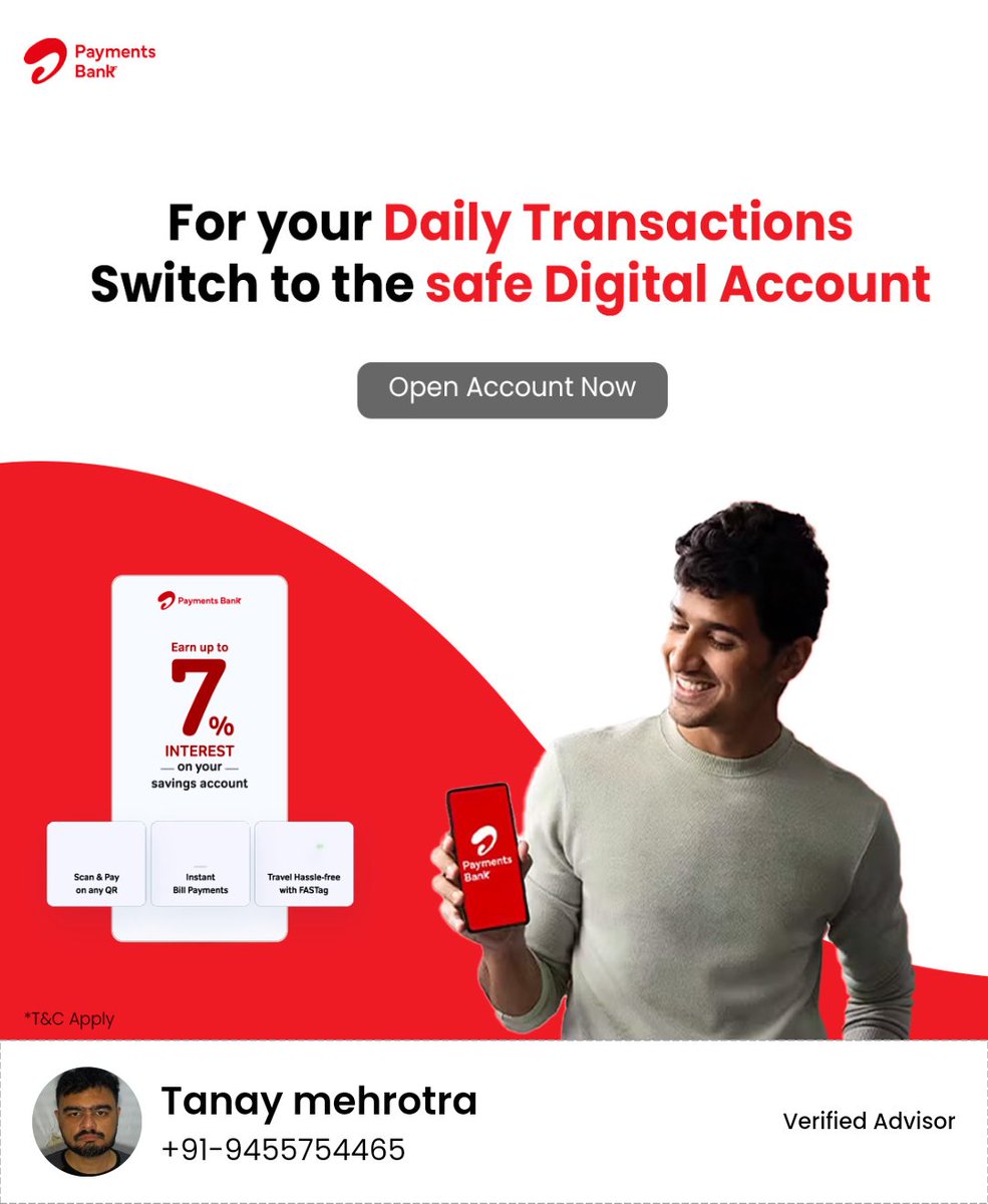 tanaymehrotra1's tweet image. ✔️ Cashless payments

✔️ Earn 7% interest on savings

✔️ 24*7 payment services

✔️ Unlock Rs.15000+ discounts on 70+ brands with a Debit Card leads.banksathi.com/?h=eXNMMDdOVU8…

#Airtel #AirtelPaymentsBank #DigitalAccount