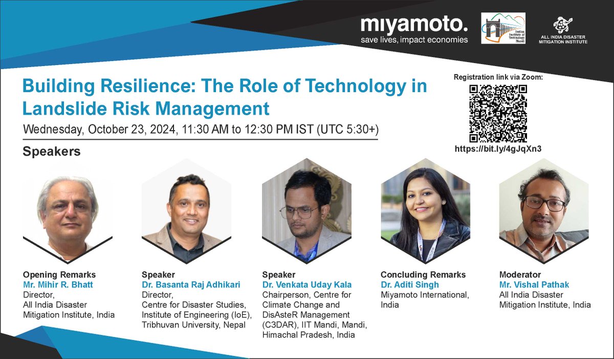 Miyamoto International, IITMandi, and the All India Disaster Mitigation Institute(AIDMI) are hosting a webinar session. 📅 Date: Wednesday, October 23, 2024 📷 Time: 11:30 AM to 12:30 PM IST 📷bit.ly/4gJqXn3 #LandslideRisk #CommunityResilience #DRR #TechnologyForGood