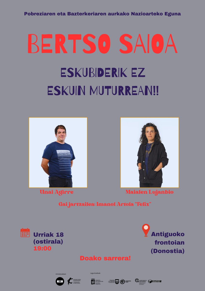 Ostiralean, Donostian, bertsoak eskuin-muturrari aurre egiteko🫸
🧑‍🤝‍🧑 Maialen Lujanbio eta Unai Agirrerekin bertso-saioa
📆 Urriak 18
🕙 19:00
📍Antiguoko frontoian, Donostian
🎟️ Doan, sarrera libre.
ongdeuskadi.org/eu/agenda/bert…
<a href="/0PobreziaDonos/">Zero Pobrezia</a> ren eskutik