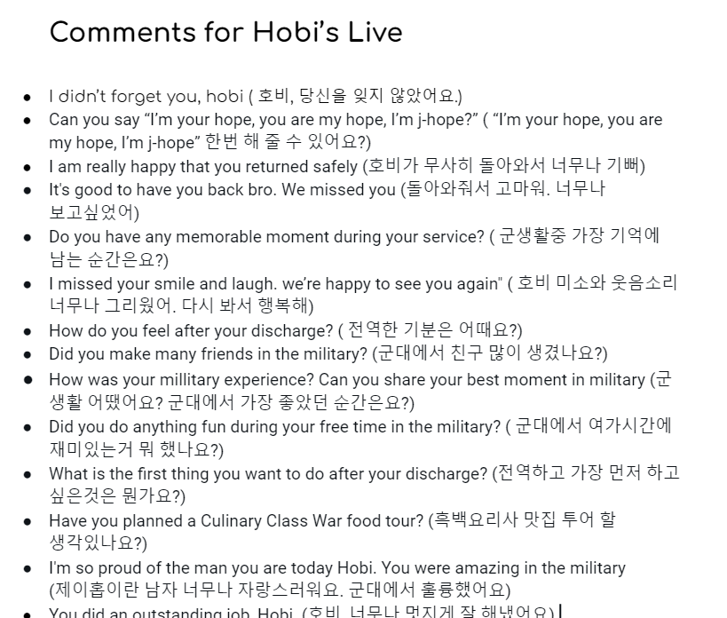 Here are the Korean translation of your comments for  Hobi's live. I'm expecting a very busy day. The list will be updated until hobi's live. Check out this google doc. 
(docs.google.com/document/d/1sO…)