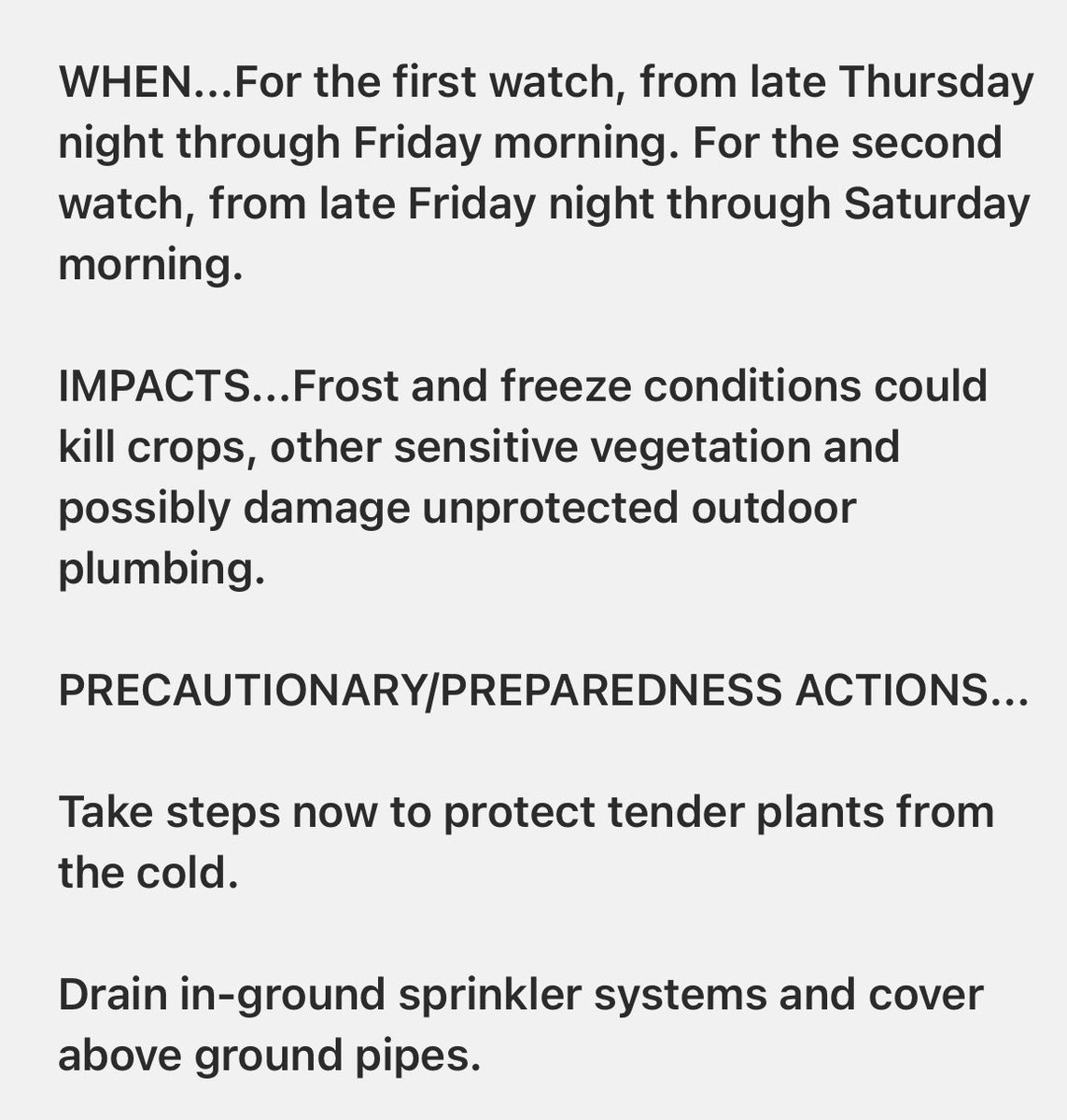 SWUtahWxSpotter's tweet photo. 👀 FREEZE WATCH 👀

Several Utah Counties… 
2 watches In effect. 1- from late Thursday night through Friday morning.  2- From late Friday night through Saturday morning.  28 to 32 degrees

#utwx #utahwx #freezewatch #utah #weather #southernutah https://t.co/i6XHvplMC7