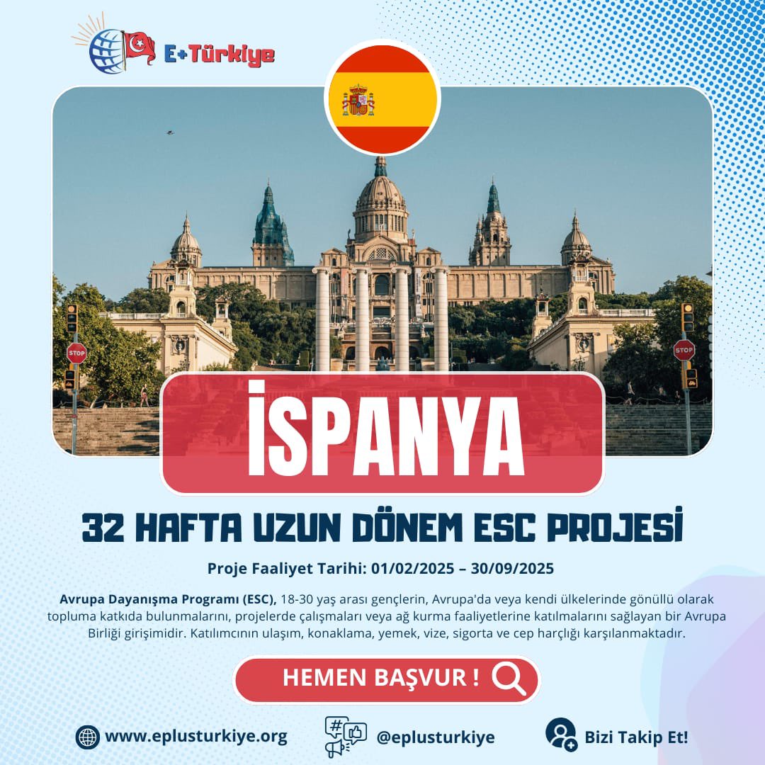 🇪🇸İspanya 32 Hafta Uzun Dönem ESC Projesi

📍 Proje Yeri: Barselona, İspanya

📅 Proje Faaliyet Tarihi: 01/02/2025 – 30/09/2025

🗓️ Son Başvuru Tarihi: 20/10/2024 

eplusturkiye.org/proje/ispanya-…