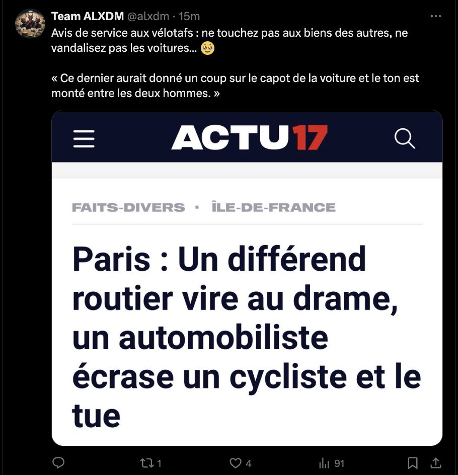Un automobiliste écrase &amp; tue volontairement un cycliste à Paris

Une personne normale condamnerait cela &amp; dirait aux automobiliste de ne JAMAIS, SOUS AUCUN prétexte, utiliser leur voiture comme 1 arme.

Mais alxdm, lui, préfère faire du #victimblaming  &amp; justifier le meurtre
🤮