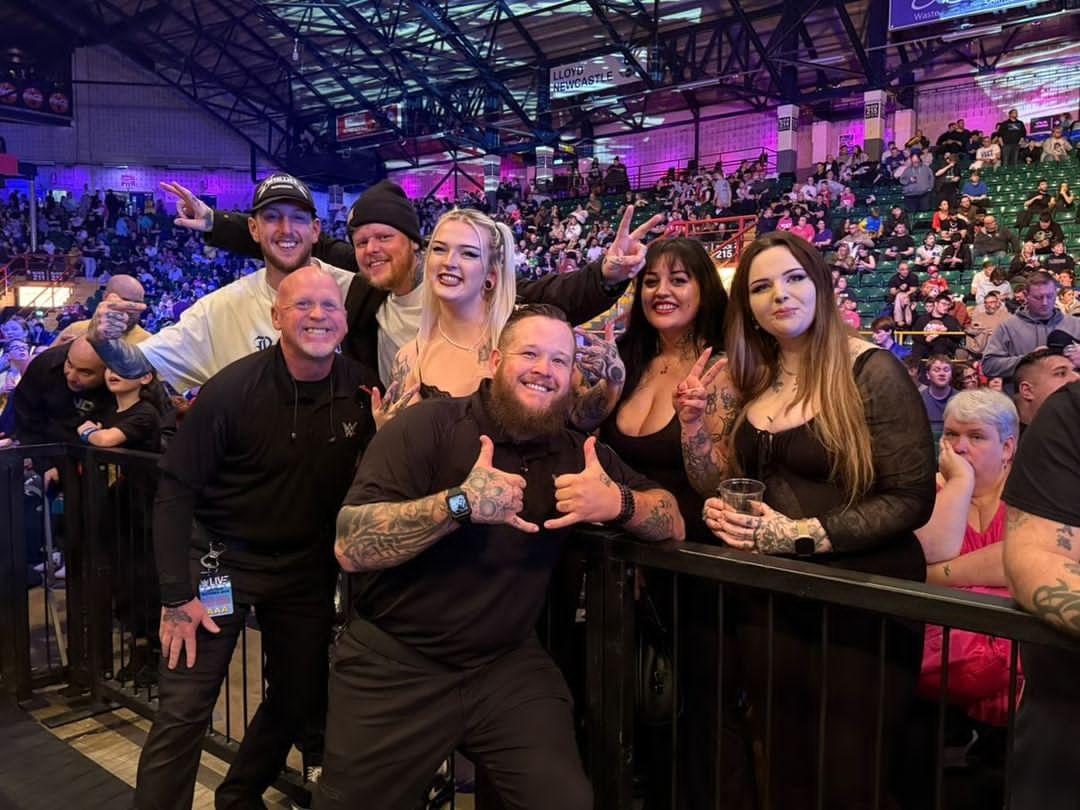 northern_glory's tweet photo. What an absolute pleasure yesterday was for the NG crew , huge shout out to Keith ,Hunter  and @jacobfatu_wwe what a pleasure having you guys over at the studio and getting to meet you all, thankyou  we had the best time , Big love from your Newcastle Family ☠️💖 @WWE https://t.co/HoyIdD3pPG