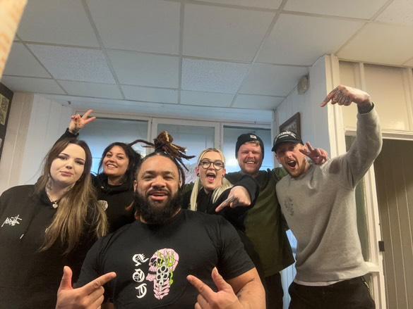 northern_glory's tweet photo. What an absolute pleasure yesterday was for the NG crew , huge shout out to Keith ,Hunter  and @jacobfatu_wwe what a pleasure having you guys over at the studio and getting to meet you all, thankyou  we had the best time , Big love from your Newcastle Family ☠️💖 @WWE https://t.co/HoyIdD3pPG