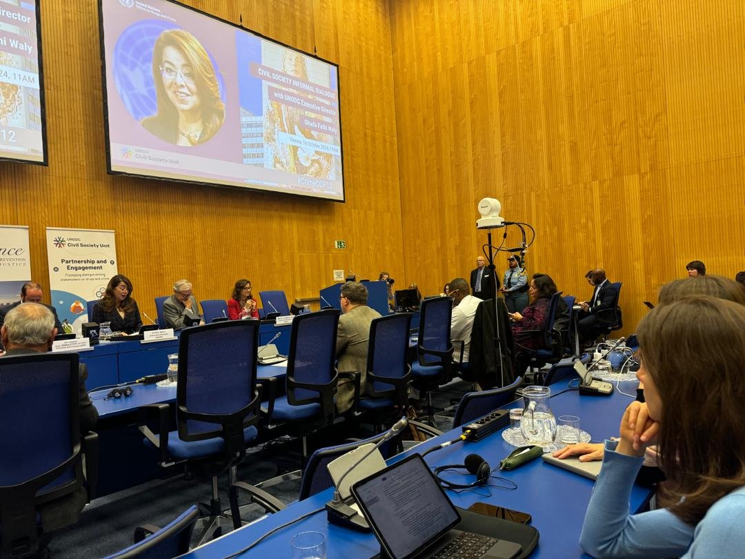 aneejnigeria's tweet photo. #ANEEJUpdate 🇦🇹: ANEEJ ED, @Ugolor, is participating in the ongoing Civil Society Interactive Session with Ghada Walt, Executive Director, @UNODC at the 12th Session of United Nations Convention Against Transnational Organized Crime (UNTOC) in Vienna, Austria. @FedMinOfJustice https://t.co/43GINU0RXq