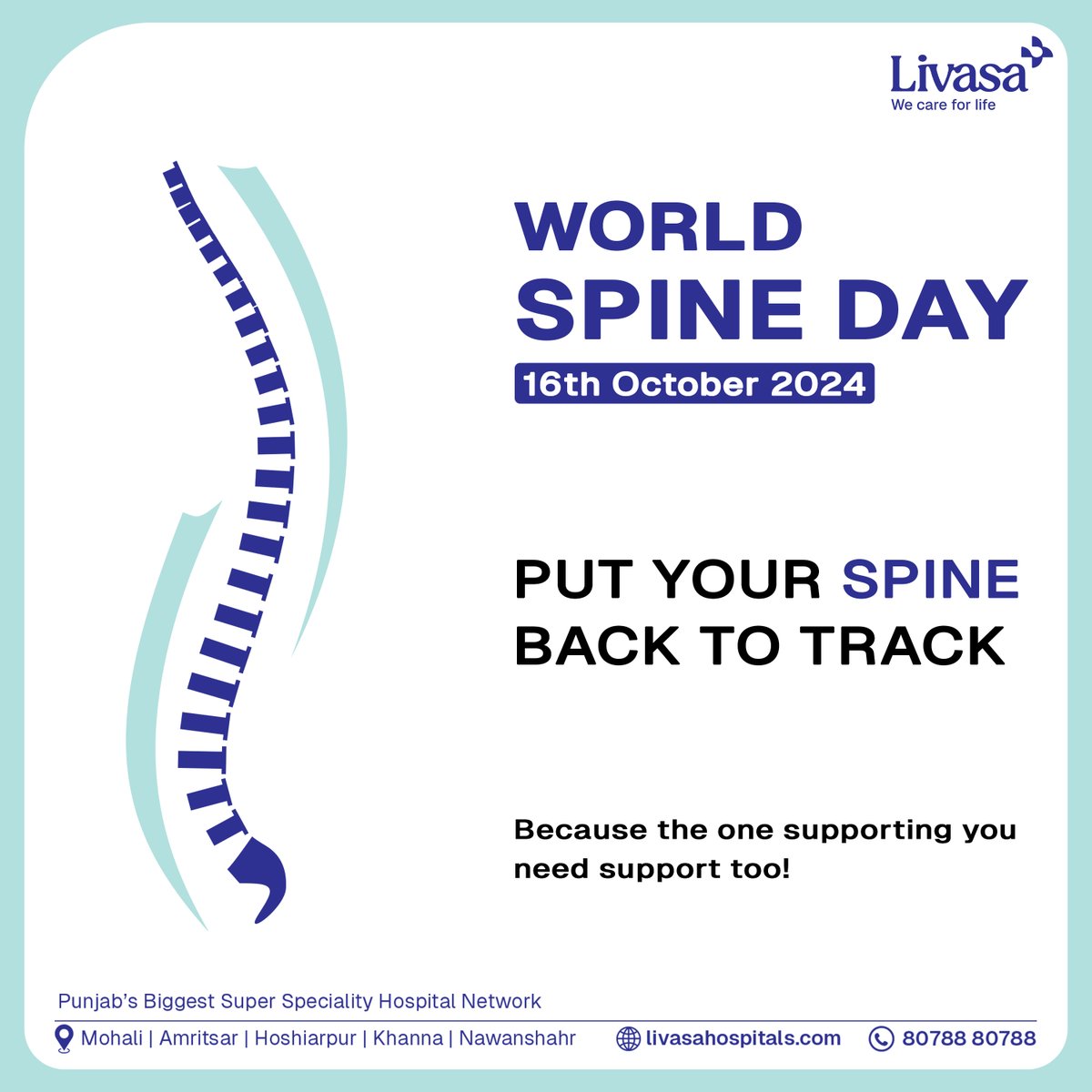 Stand tall on #WorldSpineDay! 🌟 Today, let's celebrate the backbone of our health—our spines! Remember to maintain good posture, exercise regularly, and seek preventive care. At #LivasaHospital, we're here to support your spine health every step of the way.