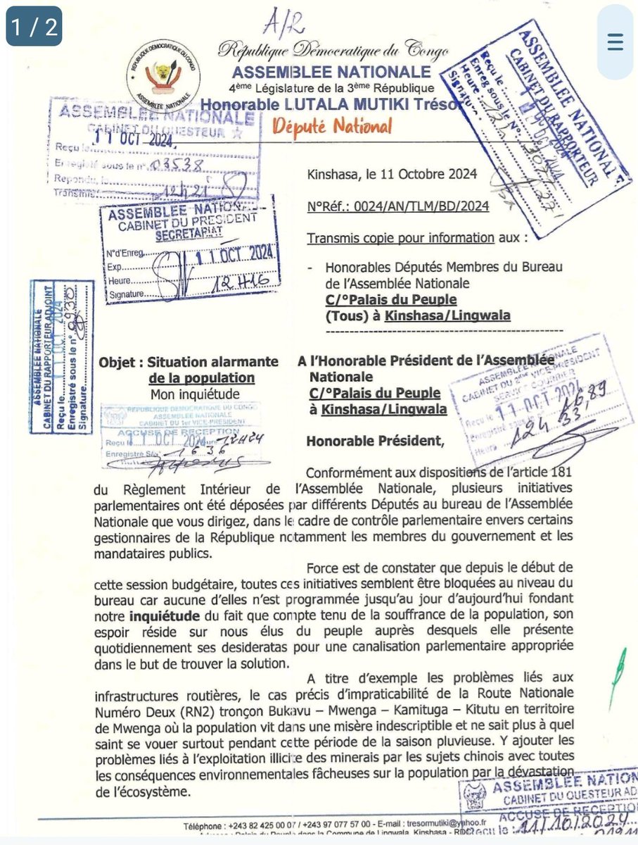 simeonisako13's tweet photo. 🔴#RDC! @VitalKamerhe1 bloque le contrôle parlementaire envers certains ministres et
mandataires publics. Le député national #LUTALA MUTIKI Trésor s'en plaint, "Toutes les initiatives semblent être bloquées au niveau du bureau car aucune d'elles n'est programmée jusqu'au jour d'aujourd'hui fondant notre inquiétude du fait que compte tenu de la souffrance de la population, son espoir réside sur nous élus du peuple auprès desquels elle présente quotidiennement ses desideratas pour une canalisation parlementaire appropriée dans le but de trouver la solution"