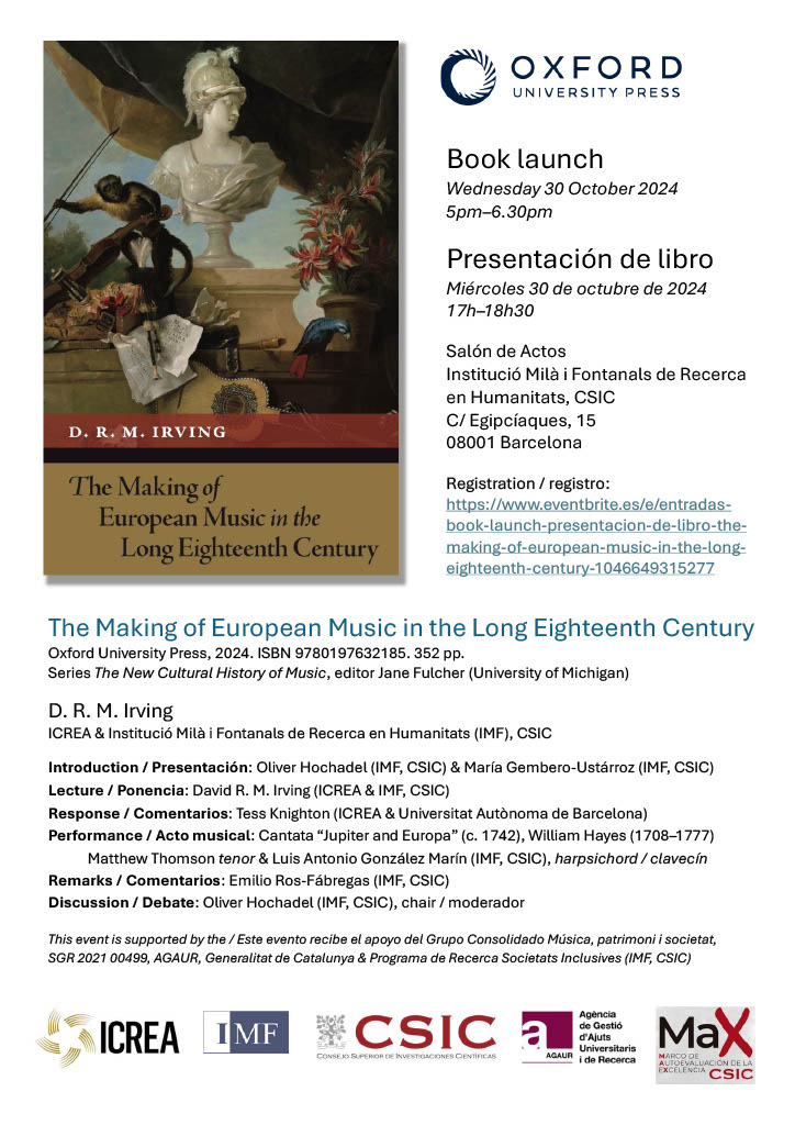 ProyectoPyRep's tweet photo. 𝐏&amp;𝐑 📚𝐏𝐮𝐛𝐥𝐢𝐜𝐚𝐜𝐢𝐨𝐧𝐞𝐬

¡Celebramos! 🥂🍾

Nuestro querido IP: David R.M Irving, nos invita a la presentación de su libro: "The Making of European Music in the Long Eighteenth Century".

🗓️30/10 en @imfcsic. BCN.

#NewCulturalHistoryOfMusic #SensoryStudies
#CONSENS https://t.co/iprpoTSreF
