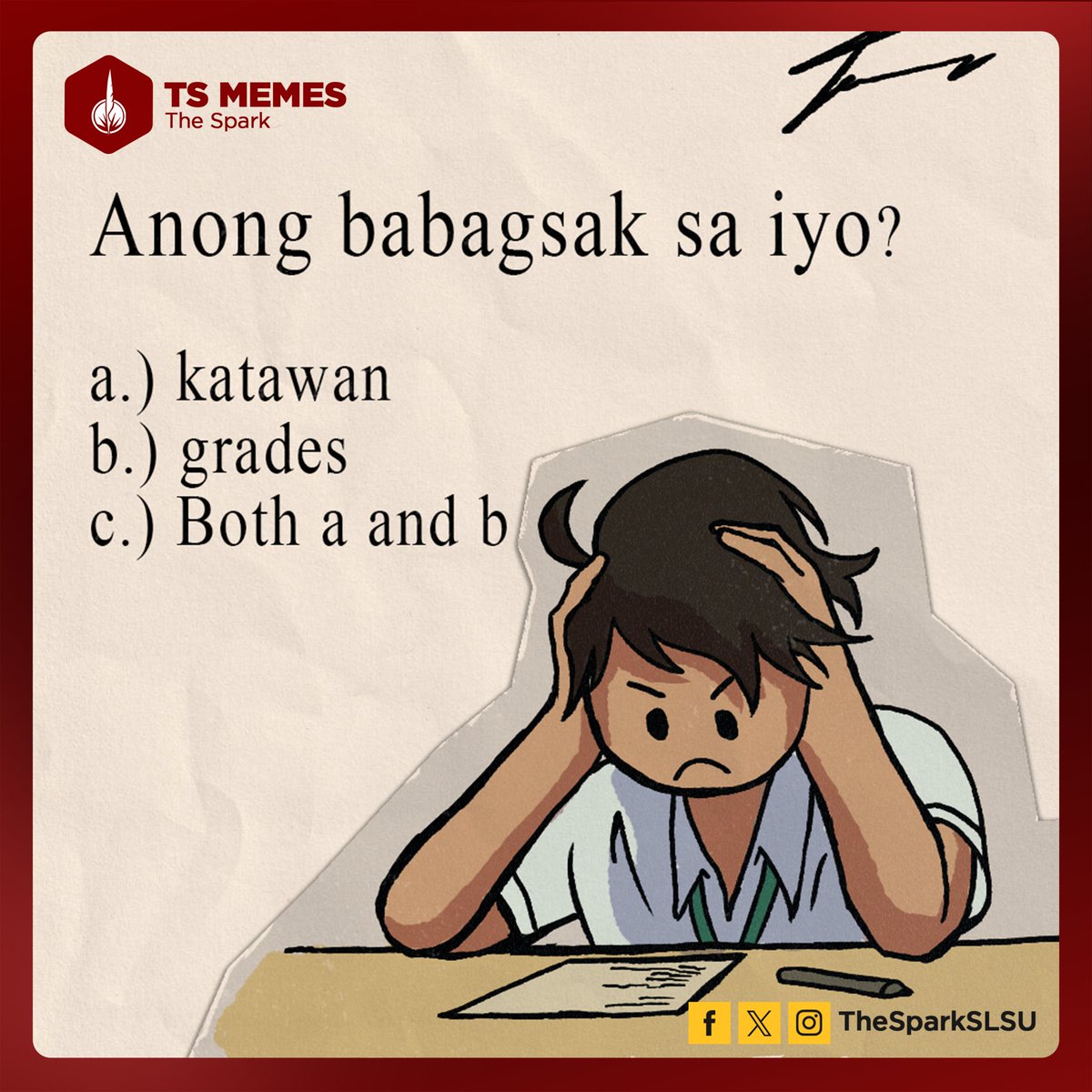 TheSparkSLSU's tweet photo. Wala sa reviewer ang karapatan magpahinga

ni Tusi | The Spark SLSU

Paglalapat ni Jhenelle Rioflorido

#TSMeme #TheSparkSLSU https://t.co/Wrp6uw78Gj