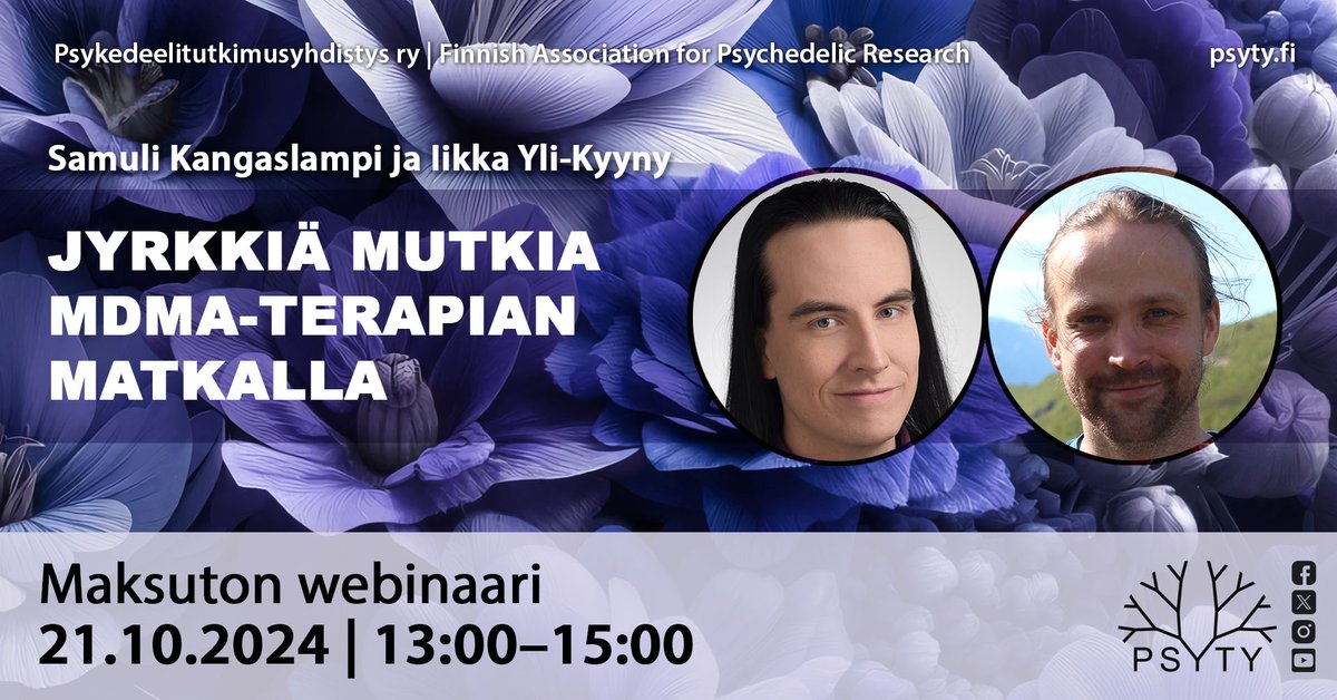 Psykedeelitutkimusyhdistys ry (@psytyfi) on Twitter photo MDMA-terapian lääketieteellisen käytön polulle on viime kuukausina ilmaantunut isoja esteitä. Järjestämme ensi ma 21.10. maksuttoman webinaarin, jossa asiasta keskustelevat psykologian yliopistonlehtori Samuli <a href="/Kangaslampi/">Samuli Kangaslampi</a> ja psykologi Iikka Yli-Kyyny. psyty.fi/uutiset/2024/1… MDMA-terapian lääketieteellisen käytön polulle on viime kuukausina ilmaantunut isoja esteitä. Järjestämme ensi ma 21.10. maksuttoman webinaarin, jossa asiasta keskustelevat psykologian yliopistonlehtori Samuli <a href="/Kangaslampi/">Samuli Kangaslampi</a> ja psykologi Iikka Yli-Kyyny. psyty.fi/uutiset/2024/1…