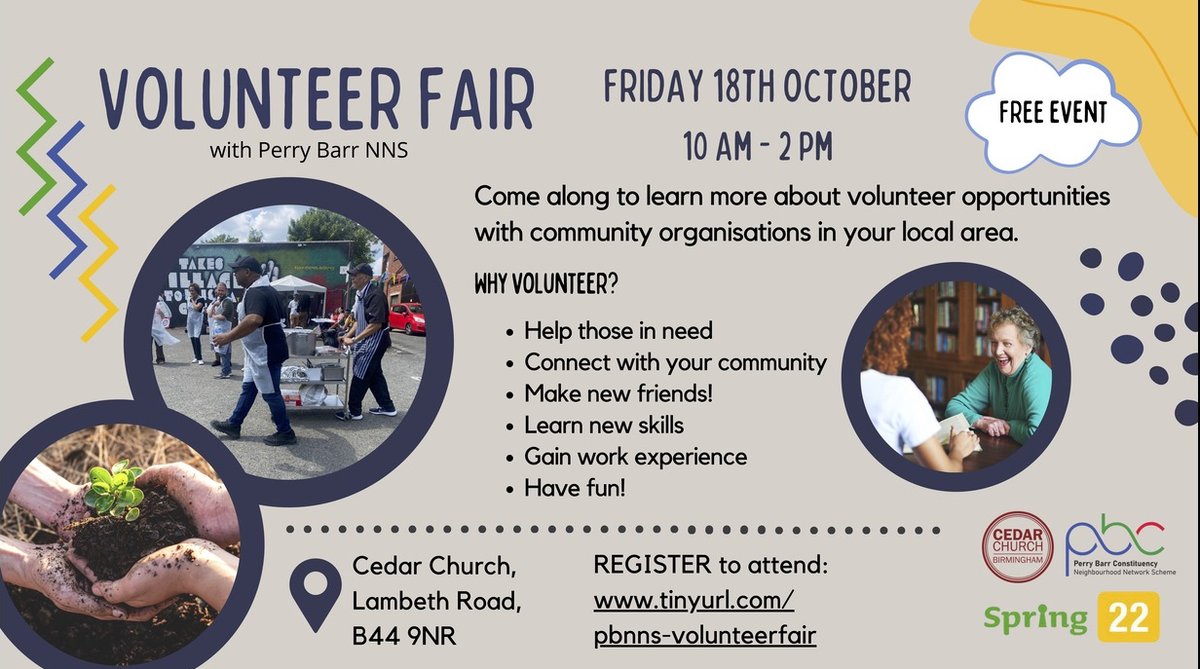 CedarFriends's tweet photo. Volunteers Fair! This Friday 18th October 10am - 2pm. Come And Find Out What Opportunities There Are To Volunteer In The Local Community. Cedar Church, Lambeth Rd, Kingstanding, Birmingham, B44 9NR. https://t.co/H6xoq4tJ8Y