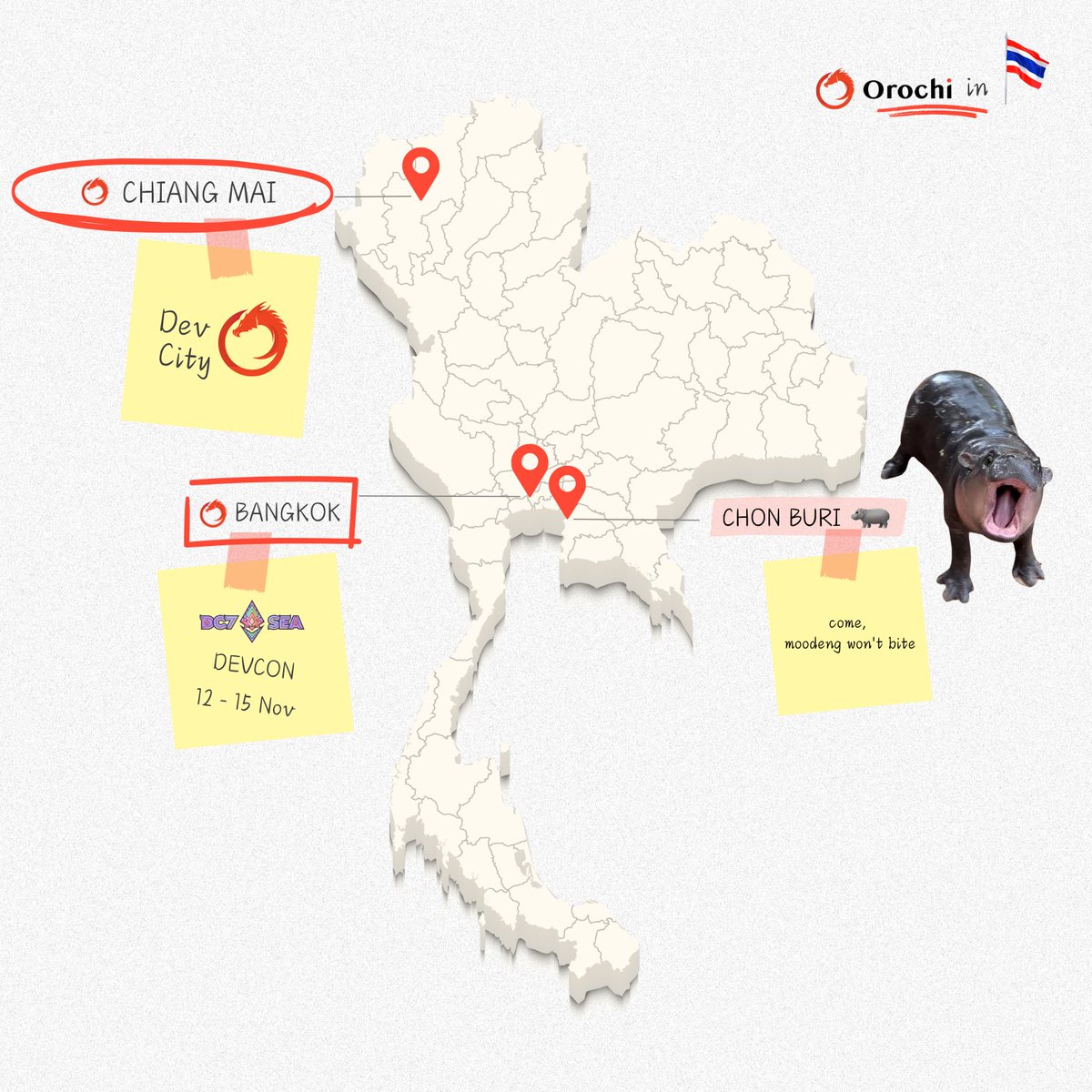 OrochiNetwork's tweet photo. 🐲 ✈️🇹🇭 😎

Orochi is heading to #DevCity in Thailand! Come meet us and take a tour to visit Moo Deng too! 🦛 https://t.co/PHrXHODUOo