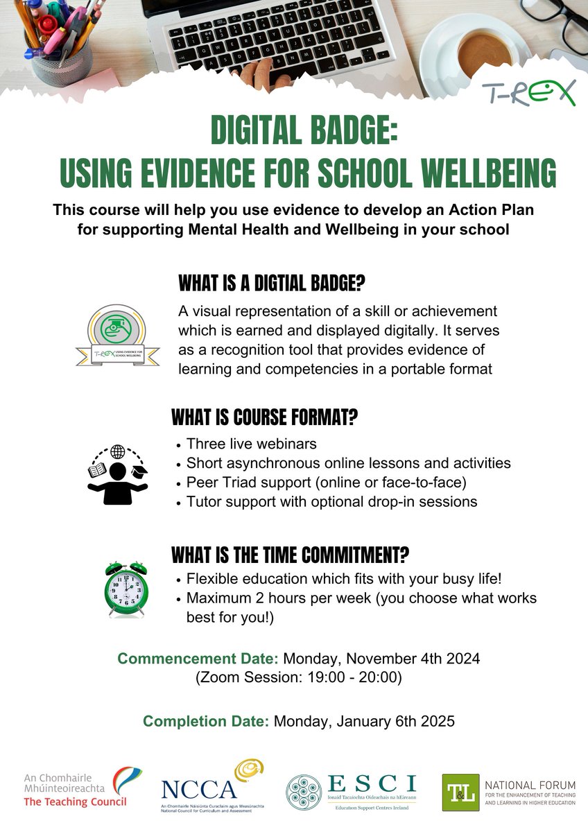 T-REX (@educationtrex) on Twitter photo We are thrilled to announce the the re-launch of the "Digital Badge: Using Evidence for School Wellbeing"
Learn in your own time, in the way that suits you best!
Register for the 8 week course here:
shorturl.at/P9oiE
<a href="/ForumTL/">National Forum T&L</a> <a href="/ESCItweets/">ESCI</a> <a href="/TeachingCouncil/">Teaching Council</a> <a href="/NCCAie/">NCCA</a> We are thrilled to announce the the re-launch of the "Digital Badge: Using Evidence for School Wellbeing"
Learn in your own time, in the way that suits you best!
Register for the 8 week course here:
shorturl.at/P9oiE
<a href="/ForumTL/">National Forum T&L</a> <a href="/ESCItweets/">ESCI</a> <a href="/TeachingCouncil/">Teaching Council</a> <a href="/NCCAie/">NCCA</a>