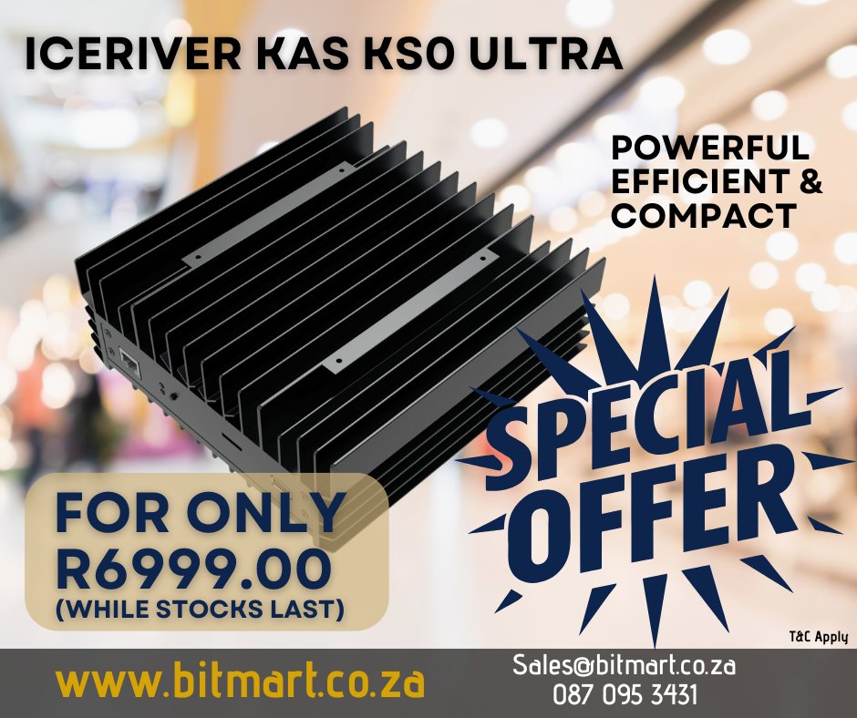 BitmartSA's tweet image. 🚨 50% OFF 🚨 on the IceRiver KAS KS0 ULTRA!
Was R13,999, NOW R6,999! 🔥
Limited stock – grab yours before they're gone! ⏳💥

💻 Order here: bitmart.co.za/product/iceriv…

#CryptoMining #MiningTech #LimitedStock #DealOfTheDay #CryptoDeals #iceriver #kaspa #cryptomarket