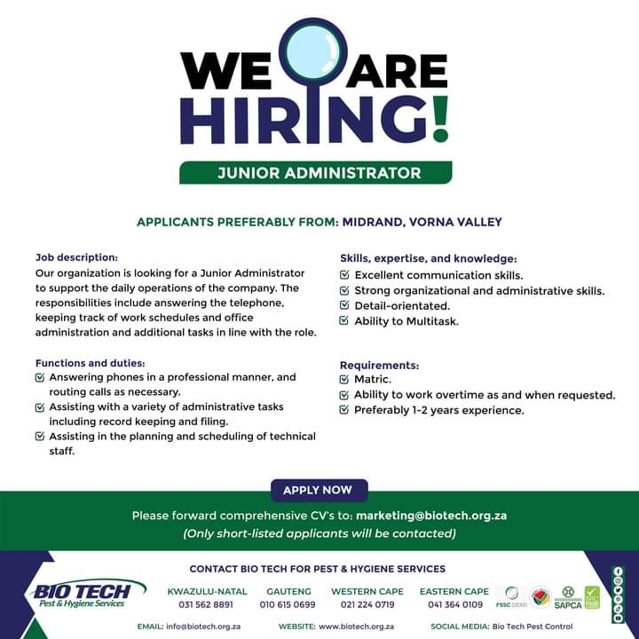 CarolBoitumelo1's tweet photo. We are hiring a Junior Administrator in Midrand.

Email your CV to marketing@biotech.org.za https://t.co/6DAmO76vHD