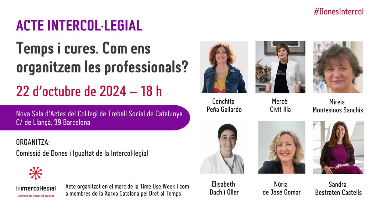Recorda❗️ El pròxim dimarts 22 d'octubre tindrà lloc l'acte de la Comissió de Dones i Igualtat de <a href="/LaIntercolSuma/">LaIntercolSuma</a>:

📌"Temps i Cures. Com ens organitzem les professionals?" 

T'esperem a les 18 h a la nova sala d’actes de la seu del col·legi de <a href="/treballsocial1/">Col·legi de Treball Social de Catalunya</a>, al C. de Llança,