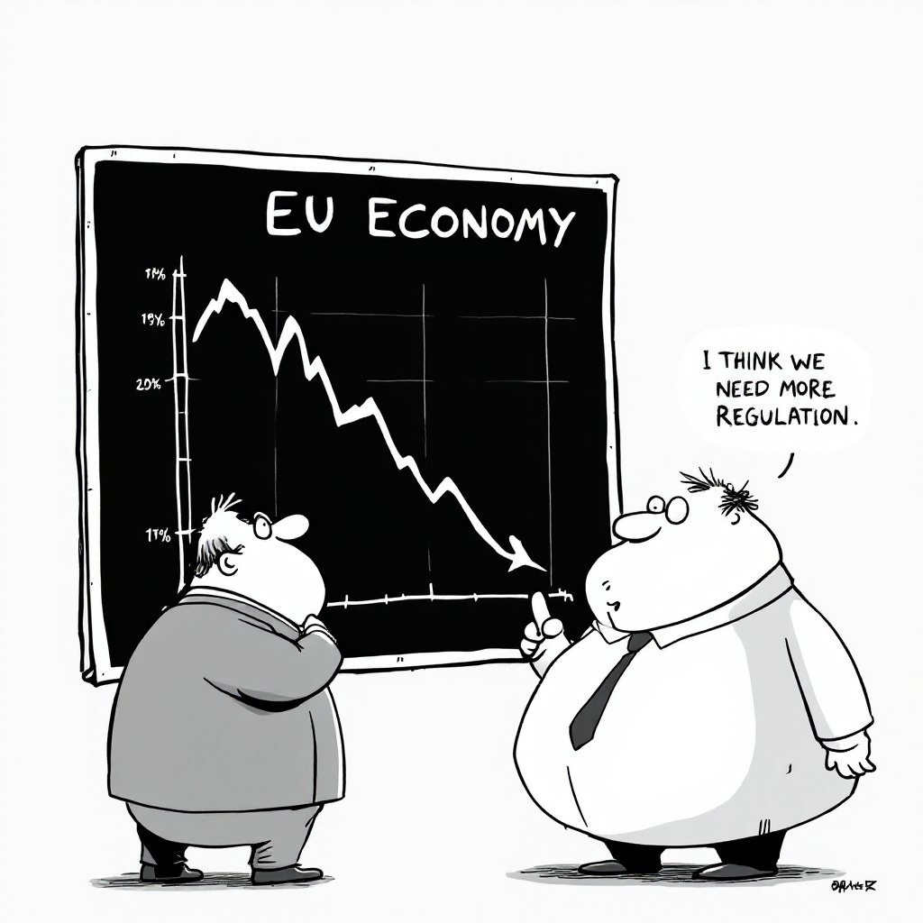 Flux 1.1 does pretty decent political cartoons, so I wired up a glif workflow that let's Gemini Pro 1.5 write the cartoon and then passes it on the Flux the cartoonist to render

"EU regulations"