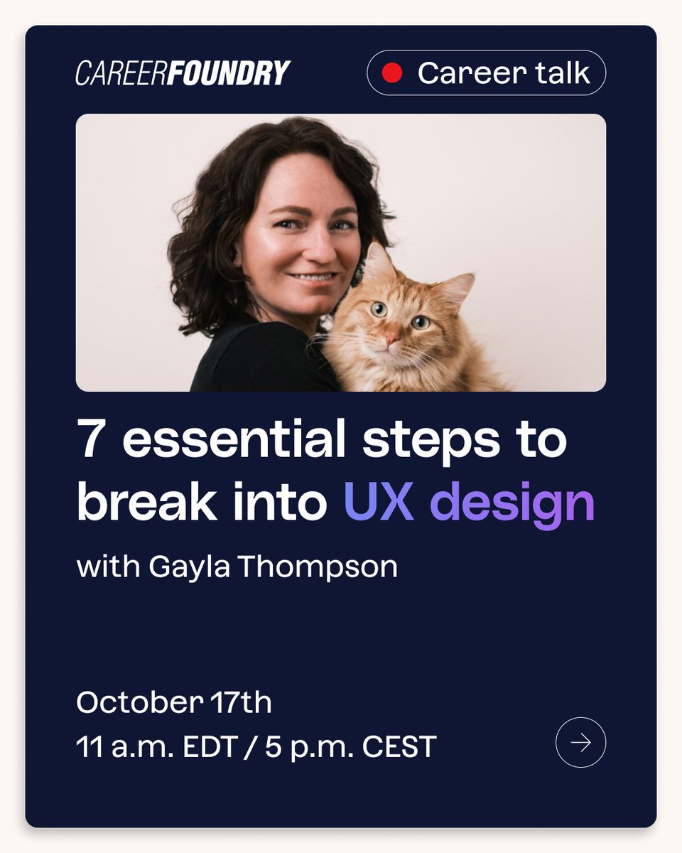 Curious about breaking into user experience (UX) design and landing your first job in the field? 
Join us for our free career talk with Gayla Thompson, October 17th at 5:00 p.m. CEST!
Register for free here 👉 bit.ly/3NtnImw   
#CareerChange #UXDesign #UXTrends