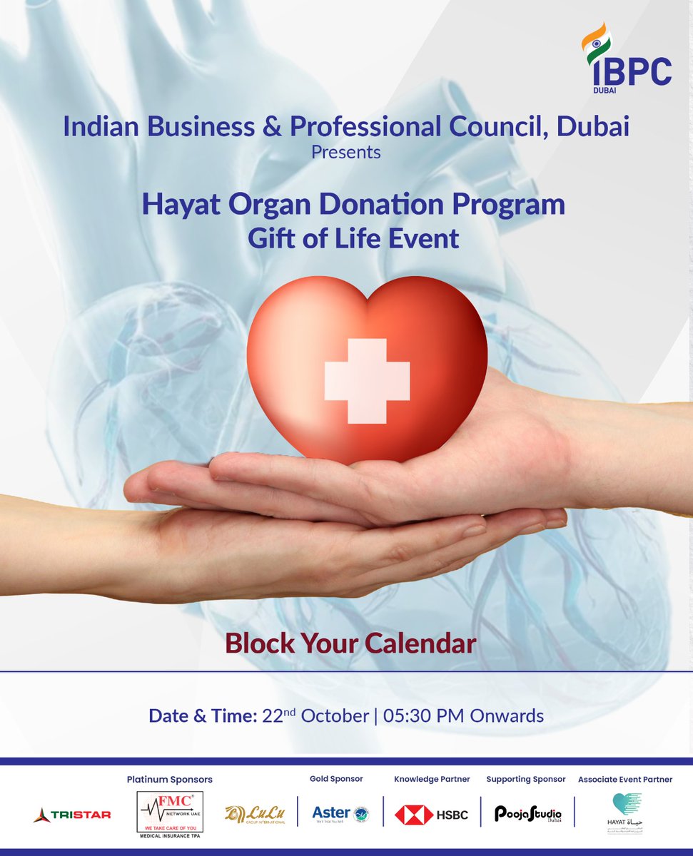 IBPC Dubai, presents Hayat Organ Donation Program - Gift of Life, event.
IBPC Dubai members join us for an enlightening session on organ donation. This is a unique opportunity to gain a comprehensive understanding of the organ donation landscape in the UAE.