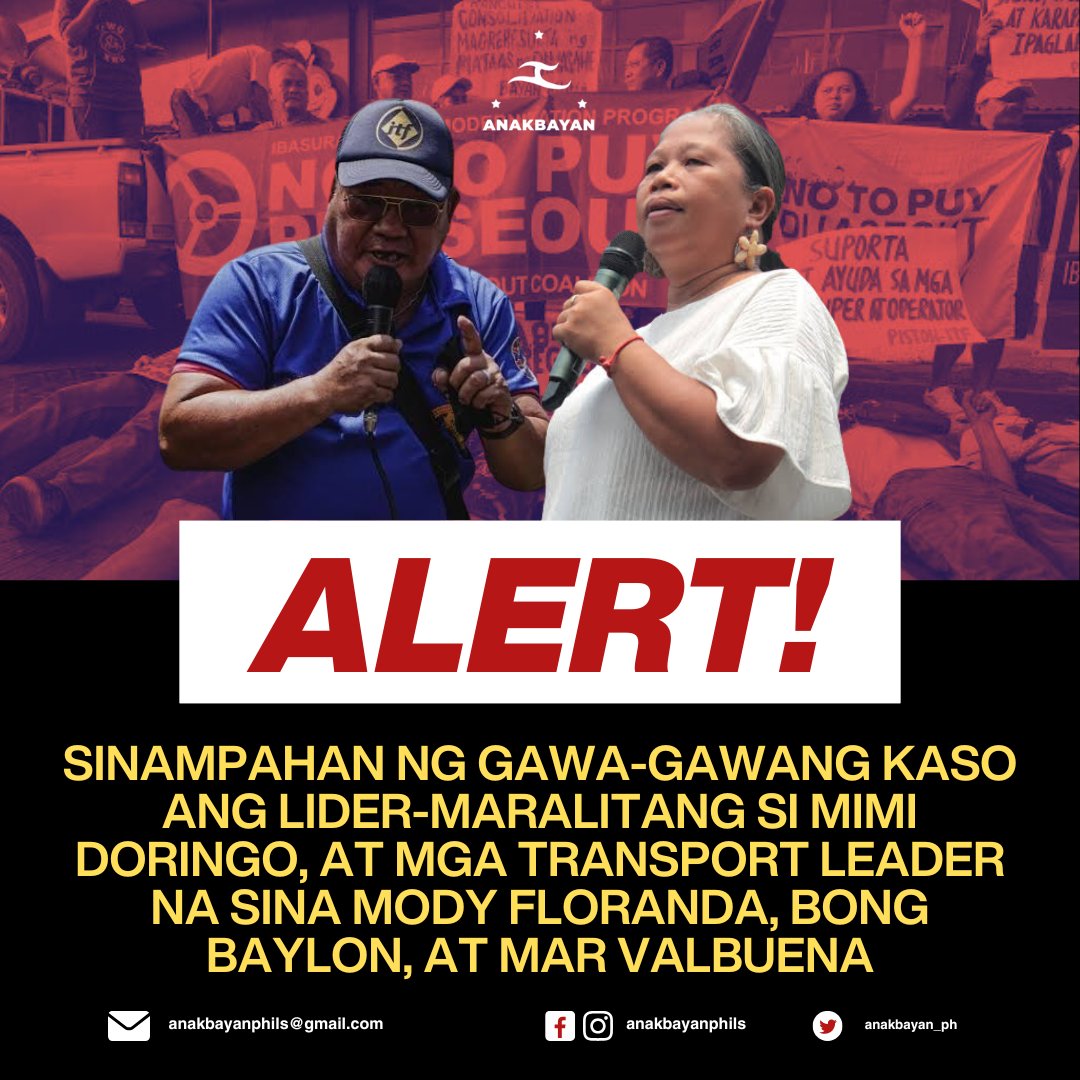 anakbayan_ph's tweet photo. Kinasuhan ng paglabag sa BP 880 o Public Assembly Act ang lider maralita na si Mimi Doringo at iba pang transport leaders na sina Mody Floranda at Bong Baylon ng PISTON at Mar Valbuena ng MANIBELA. https://t.co/bt1mkklc0G
