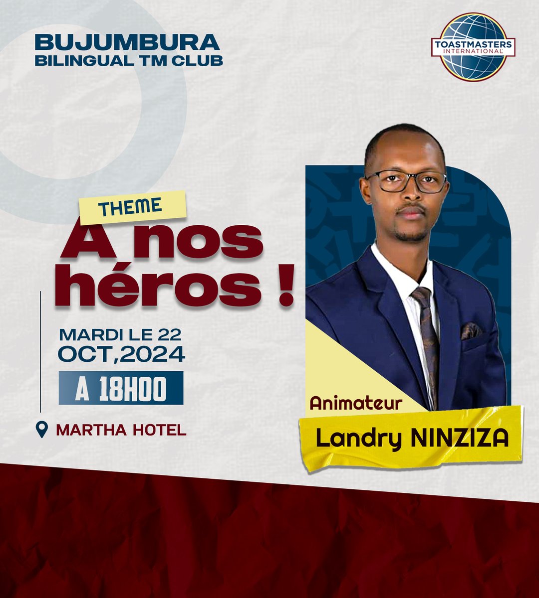 Envie de mieux articuler vos idées, influencer, améliorer votre écoute et travailler en réseau avec des leaders ? 🎤 Rejoignez Toastmasters Bujumbura !

Thème : "À nos Héros" avec Ninziza Landry

🗓️ 22 oct. 2024  
🕦 18h-20h  
📍 Martha Hôtel

Venez grandir avec nous ! ✍️✍️