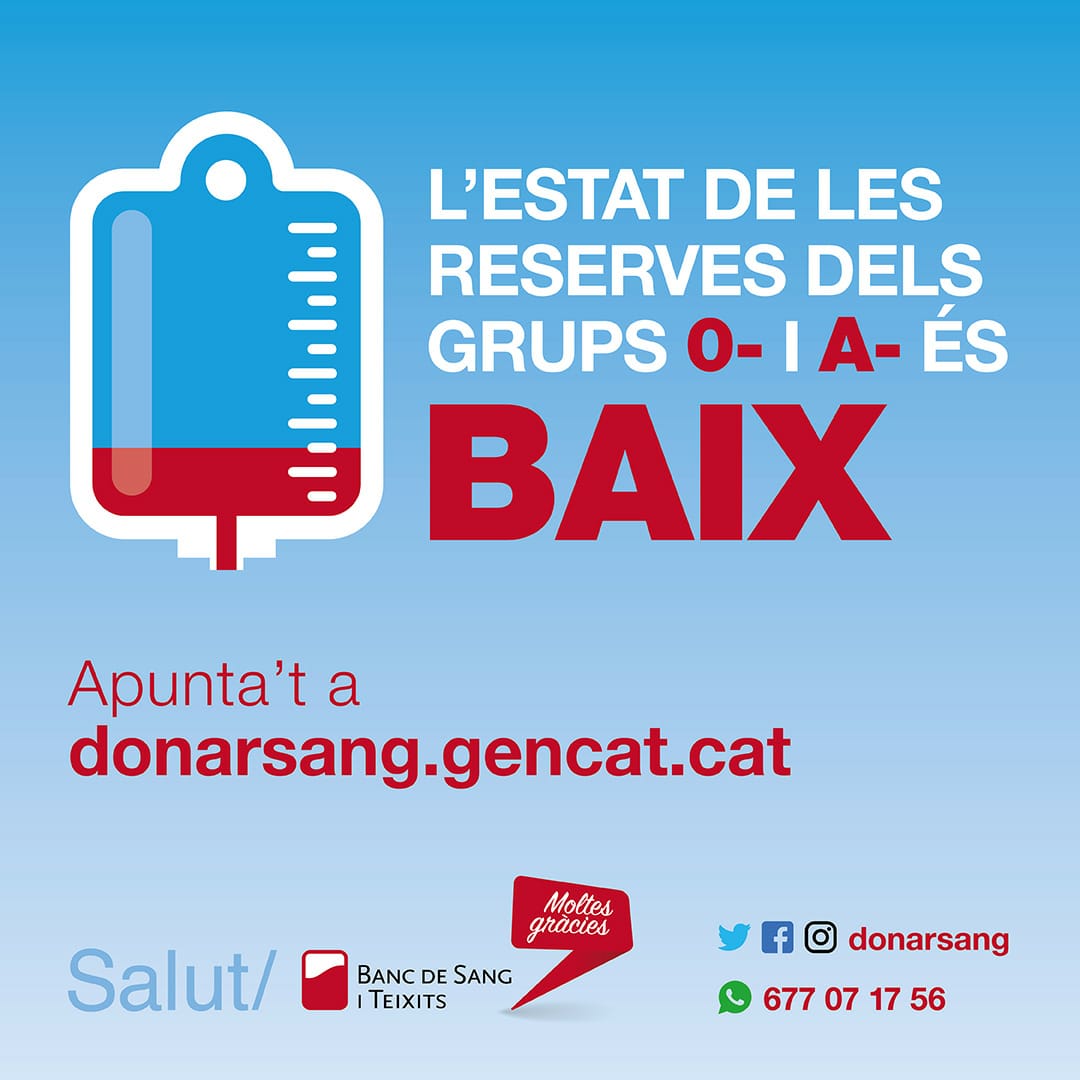 Solsona_cat's tweet photo. 🩸El Banc de Sang i Teixits @donarsang ens comunica que les reserves de sang dels grups O NEG i A NEG estan molt més baixes de l'habitual.
➡️ Aquesta setmana pots col·laborar-hi amb la jornada de #Solsona:

📆 Dv. 18/10 
🕙  de 10 a 14 h i de 16 a 21 h
📍 sala polivalent 
👇 https://t.co/Lbizpb1S5I