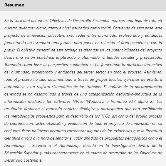 Las metodologías participativas, como el Aprendizaje-Servicio, favorecen el diálogo y la coordinación entre estudiantes, docentes y entidades sociales en la creación de TFGs. Además, estas prácticas apoyan los Objetivos de Desarrollo Sostenible

doi.org/10.6018/rie.54…