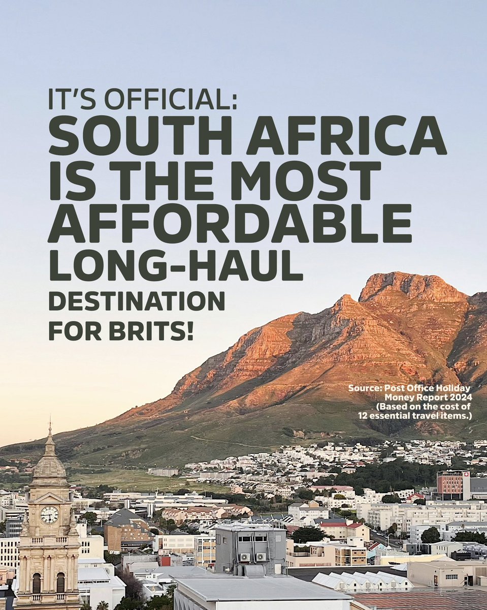 southafricauk's tweet photo. It’s Official – Cape Town is the BEST-value holiday destination for UK travellers! 🇿🇦🌞

According to the 2024 Post Office Long Haul Holiday Report, Cape Town’s 12 essential holiday items cost just £55.59 – less than half the price of other popular spots like NZ, Dubai or Bali! https://t.co/SyxU2mF05Z