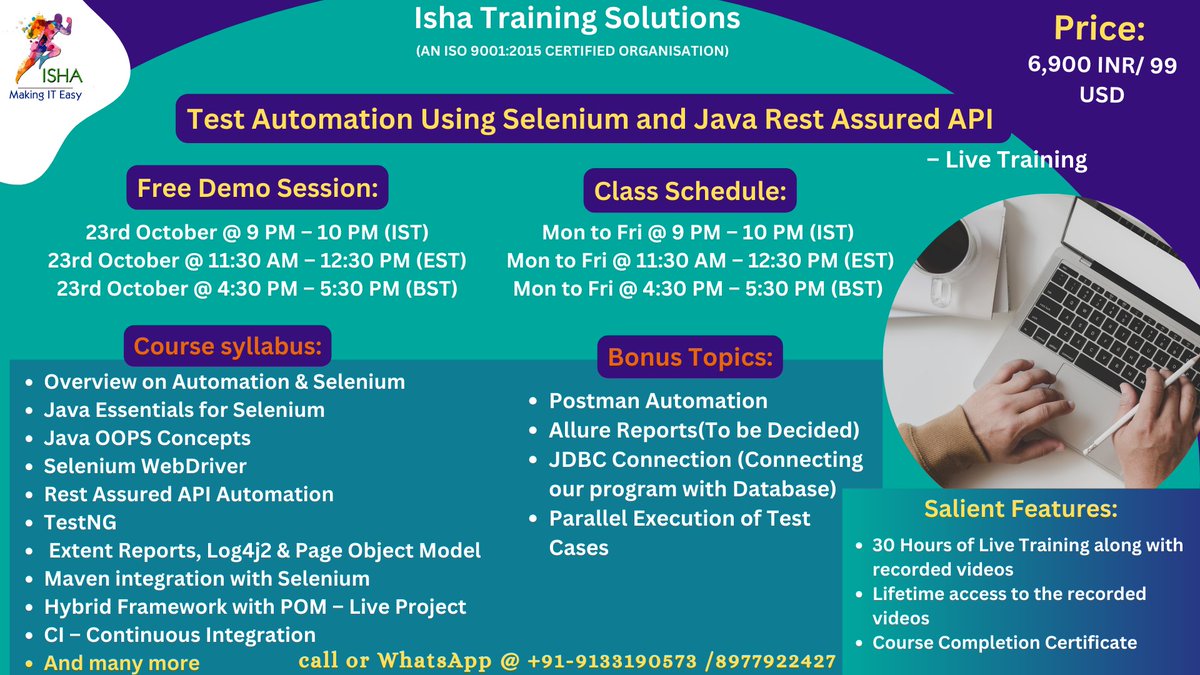IshaKumargupta's tweet image. &quot;Test Automation Using Selenium and Java Rest Assured API&quot; –Live Training.
Free Demo On: 23rd Oct @ 9 PM(IST) /23rd Oct @ 11:30 AM (EST)
you can register by joining the below Link
docs.google.com/forms/d/e/1FAI…
call/WhatsApp @ +91-91331 90573
#Selenium #SeleniumWithJava #JavaAutomation