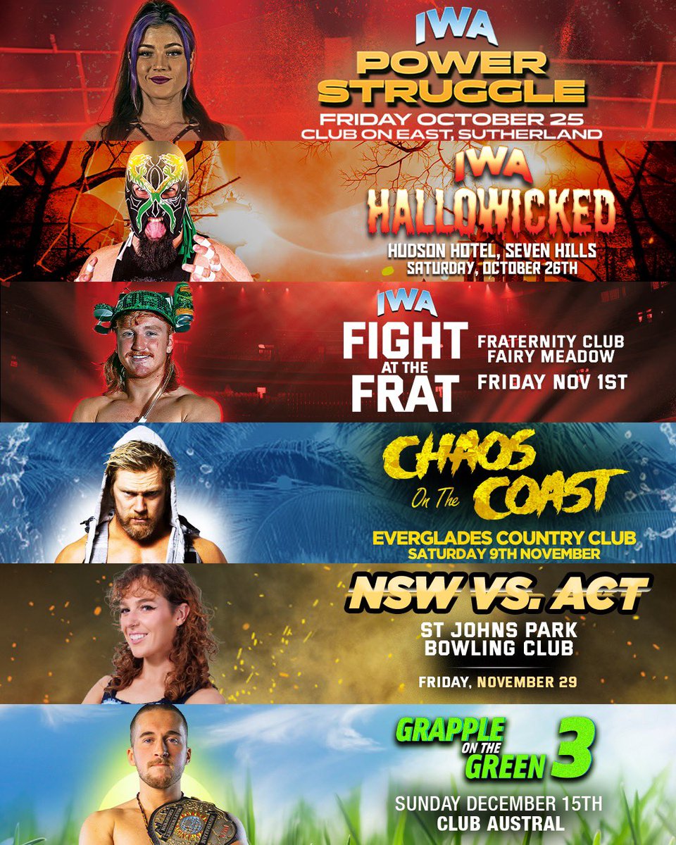 IWAaustralia's tweet photo. COMING UP IN 2024 🔥 

IWA has 6 HUGE events for the rest of the year across Sydney and Central Coast. All tickets are available NOW 💥 

🎟️ https://t.co/b84t5PFOId 🎟️ https://t.co/fO7VbEjWmz