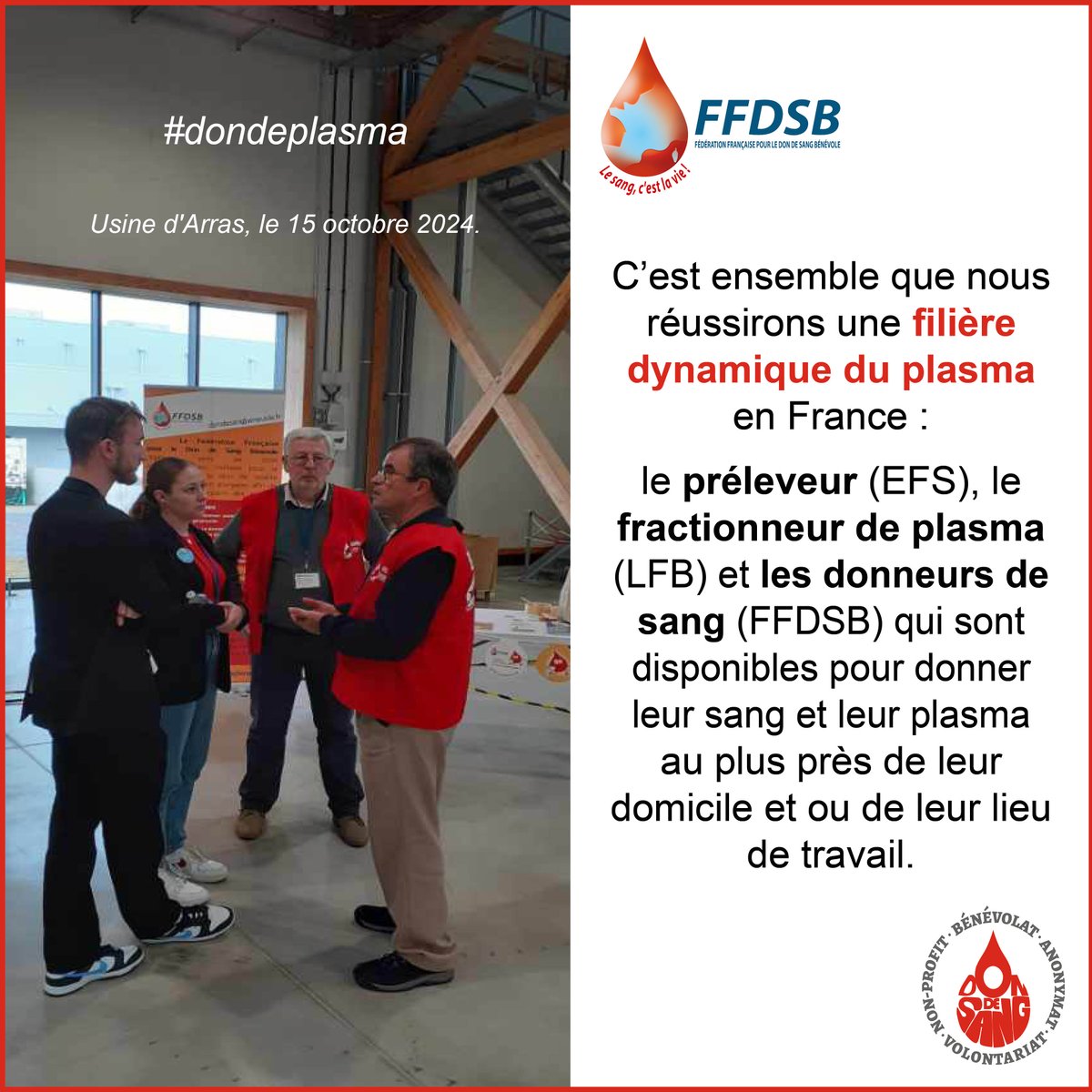 DonSangBenevole's tweet photo. Le @Groupe_LFB  a invité la #FFDSB à présenter ses activités et ses missions lors d’une journée spécifique sur le site d’Arras.
La Fédération a pu répondre aux questions d’une centaine des collaborateurs de la nouvelle usine du LFB à Arras.
#DondeSangBénévole #dondeplasma https://t.co/PfO5NAdwQC