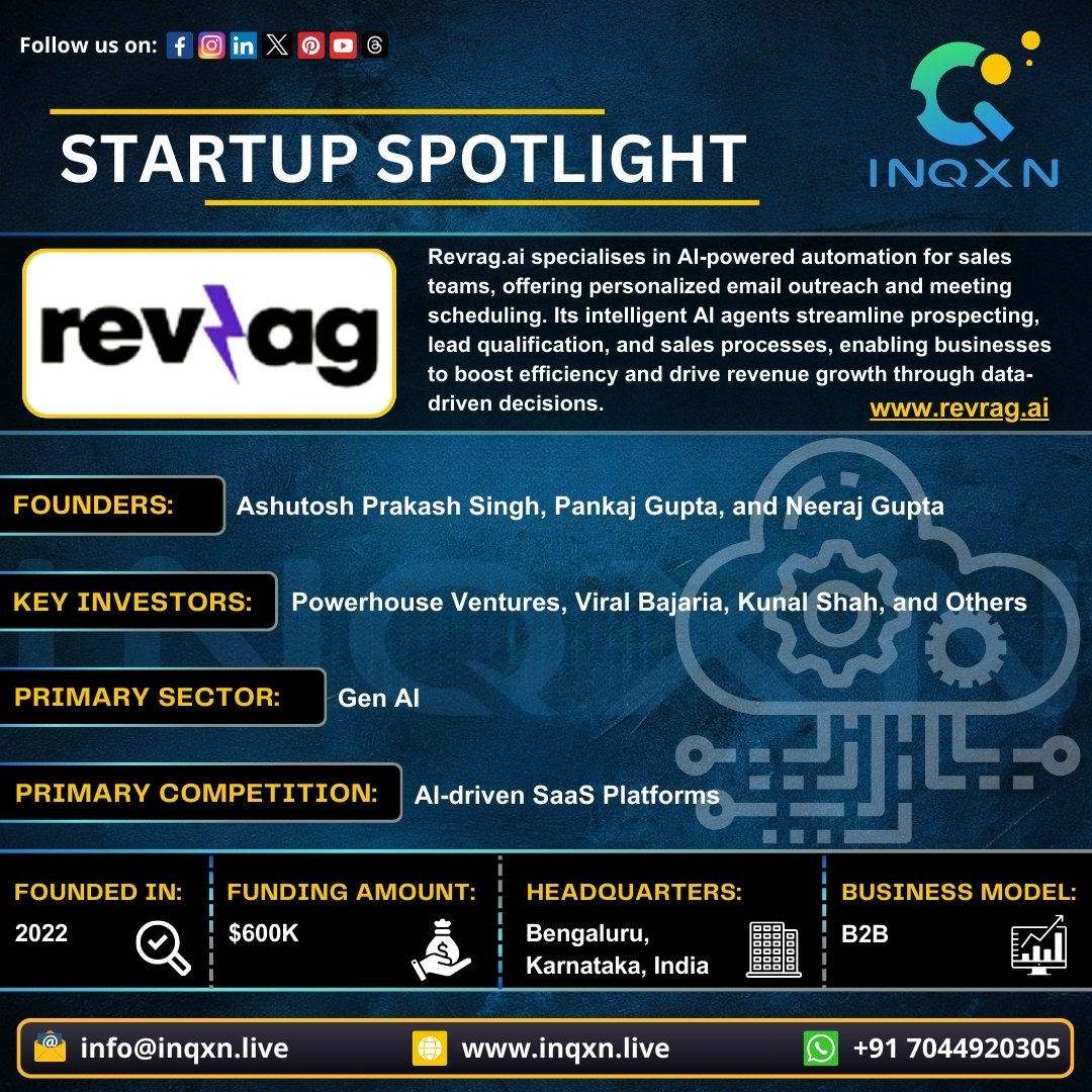inqxn_live's tweet photo. π Startup Spotlight: https://t.co/BSmDKxGgf8 π
Transforming the future of sales with AI-powered automation. #Revrag #INQXN #Inqxnlive #AI #Automation #SalesTech #GenerativeAI #SaaS #B2BStartups https://t.co/zsBaS9sNhB