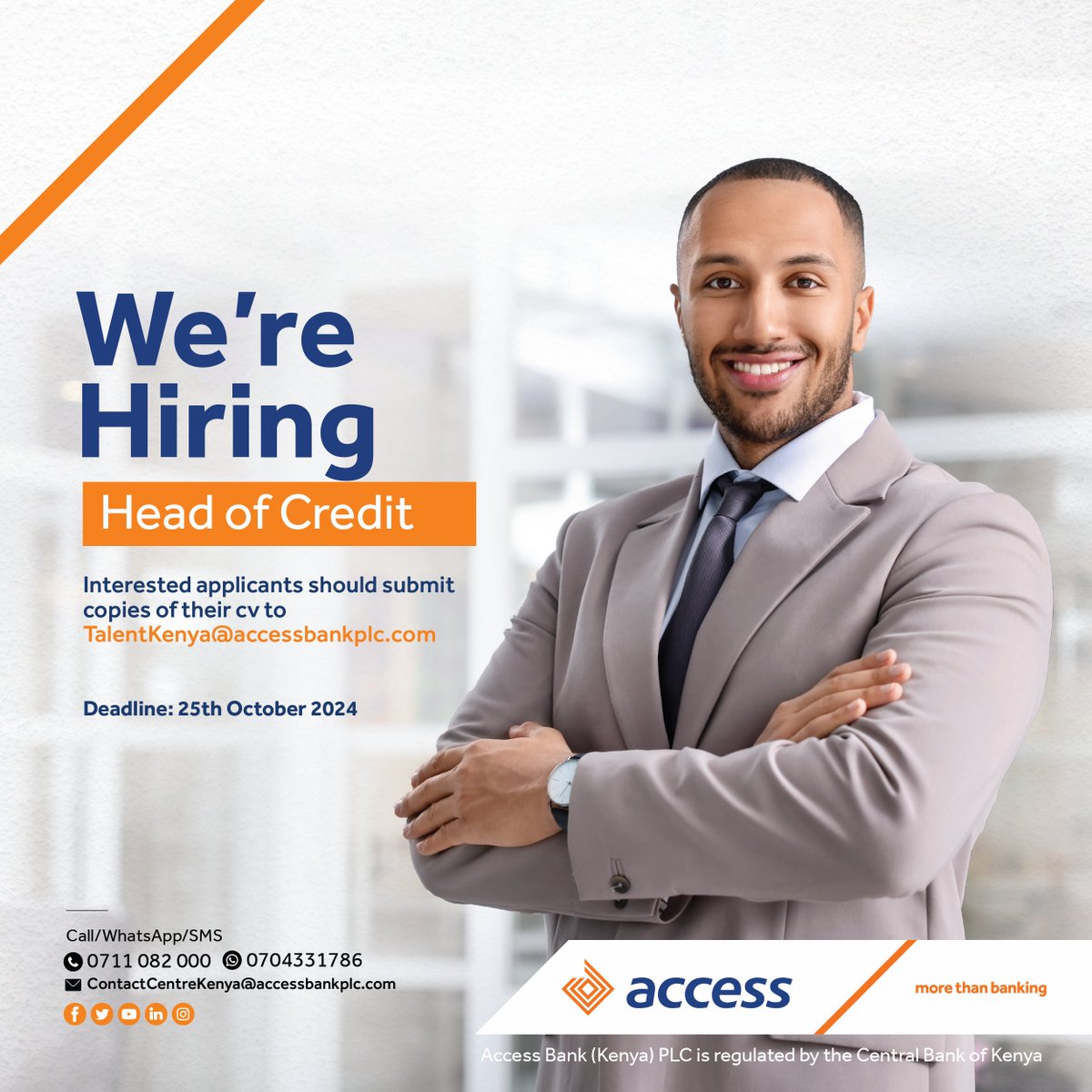 We are hiring a talented and highly motivated individual to fill the position of Head of Credit.

If this is you, send your application and a copy of your CV to TalentKenya@accessbankplc.com by 25th October 2024.

#IkoKaziKE #MoreThanBanking