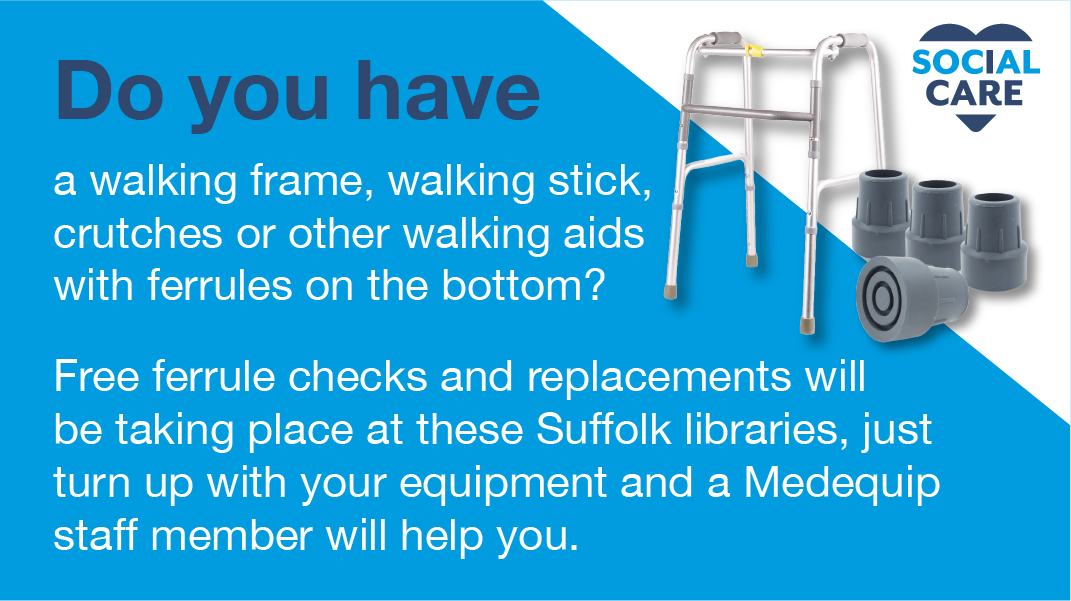 suffolkcc's tweet image. Free Ferrule check and replacement at 
Sudbury Library
Market Hill, Sudbury, CO10 2EN
Thursday 17th October 10-12pm 
#SupportSocialCare #Ferrules #WalkingAids