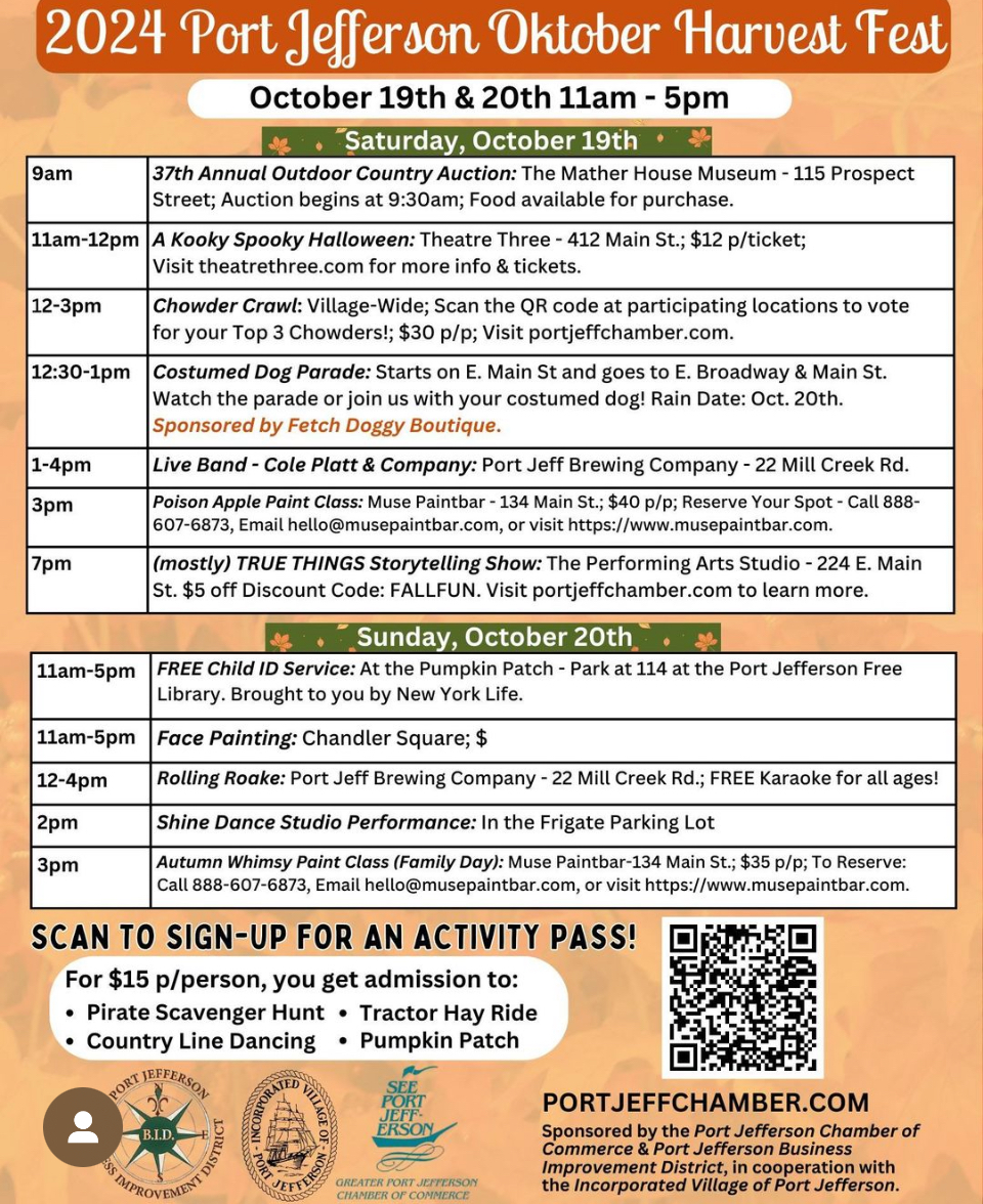 PortJeffNY's tweet photo. This upcoming weekend 10/19 &amp; 10/20 11am-5pm visit the Village of Port Jefferson for the @PortJeffChamber for the 2024 Oktober Harvest Festival  #liveauction #dogparade #chowdercrawl #facepainting #danceperformance #kids #families #portjefferson https://t.co/xqcFJurXGv