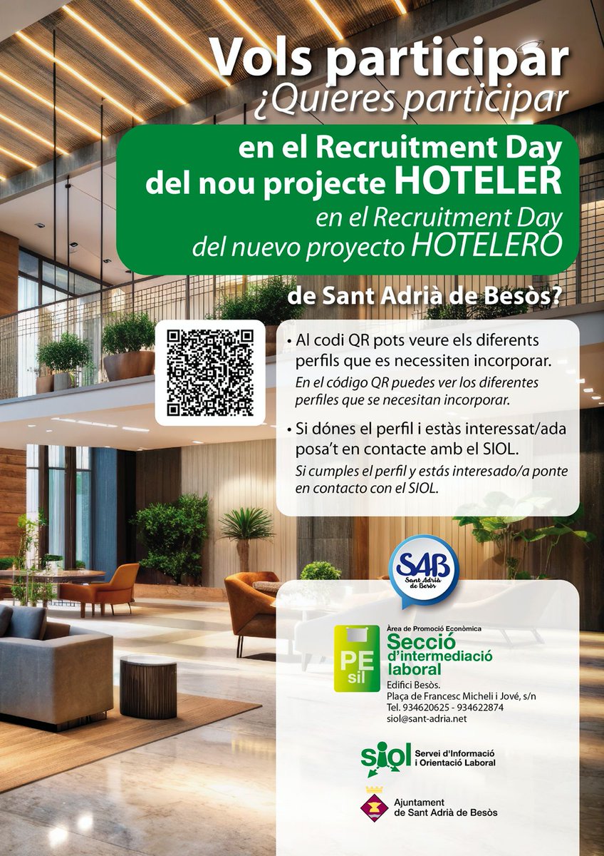 El SIOL organitza un Recruitment Day per a un nou projecte hoteler a #SAB! 🏨
🗓️ Dj 24 d'octubre

Consulta les ofertes al QR de la imatge i si vols participar contacta amb:
📧 siol@sant-adria.net
📞 93 462 06 25 / 93 462 28 74
📍 Presencialment: Pl. Francesc Micheli i Jové, s/n