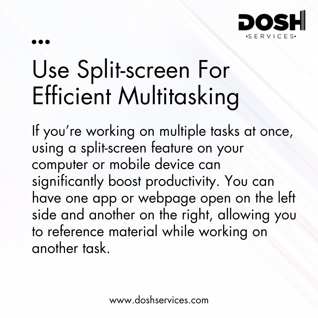 doshservices's tweet photo. Boost your productivity with split screen! No need to switch between tabs—work with two apps side by side.

Get more done and make your tasks easier with this simple trick!
https://t.co/sG9zqLteui

#SplitScreen #WorkSmart #MultitaskingTips #ProductivityHacks" https://t.co/1zniRLaEZt