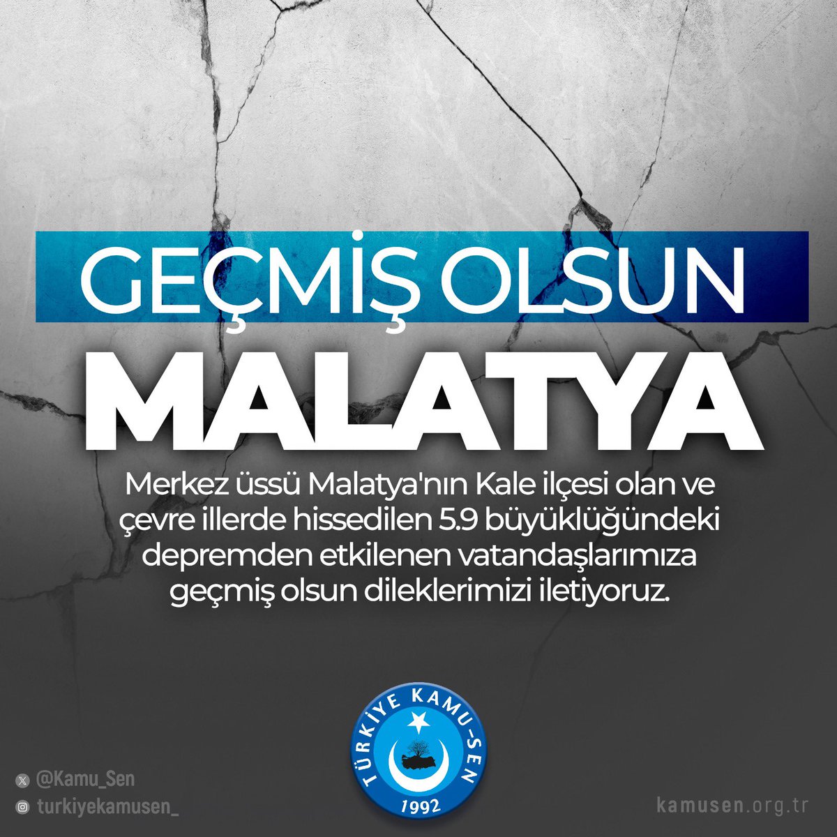 Geçmiş olsun Malatya! 

Merkez üssü Malatya'nın Kale ilçesi olan ve çevre illerde hissedilen 5.9 büyüklüğündeki depremden etkilenen vatandaşlarımıza geçmiş olsun dileklerimizi iletiyoruz.