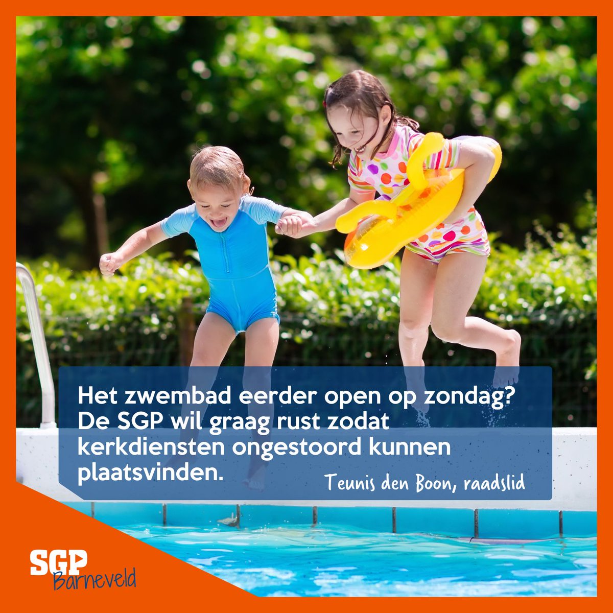 ZONDAGSRUST | Op zondag het zwembad eerder open zoals <a href="/pro98/">Pro'98</a> voorstelde vorige week? Wat de SGP betreft niet. Graag rust in Barneveld zodat de kerkdiensten ongestoord kunnen plaatsvinden.

#zondagsrust