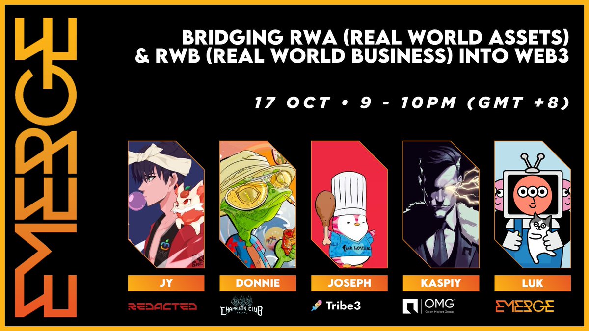 We're stepping out of our comfort gaming zone and diving into RWA this week!

Let's learn from the builders in the space, hosted by <a href="/852luk/">852luk.moca 🇭🇰</a>.

<a href="/PROJ_REdacted/">Project REdacted</a>: <a href="/jianyuchan99/">JY</a>
<a href="/ChameleonTravel/">Chameleon.Travel</a>: Judy (on behalf of <a href="/Donnie_eth/">Donnie</a>)
@Tribe3Official: <a href="/hkjojai/">jojai</a> 
<a href="/OMG_Assembly/">OMG | Open Market Group</a>: <a href="/kaspiy/"></a>