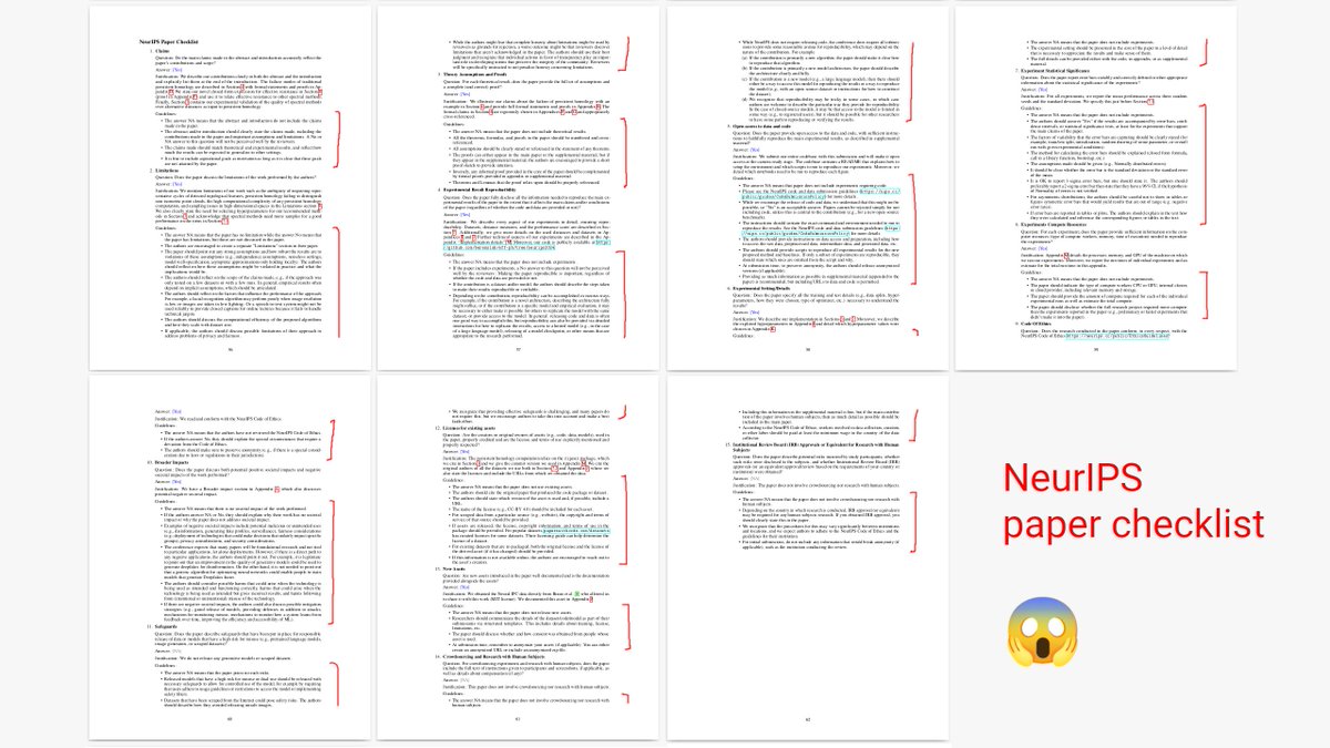 hippopedoid's tweet image. NeurIPS @NeurIPSConf requires to include the &quot;Paper Checklist&quot; into camera-ready papers, including (!) &quot;Guidelines&quot; bullet point lists which are *identical in all papers* and take ~5 pages.

Isn&apos;t it ugly &amp;amp; useless?

I&apos;d like at least to delete the guidelines, but PCs told me no.