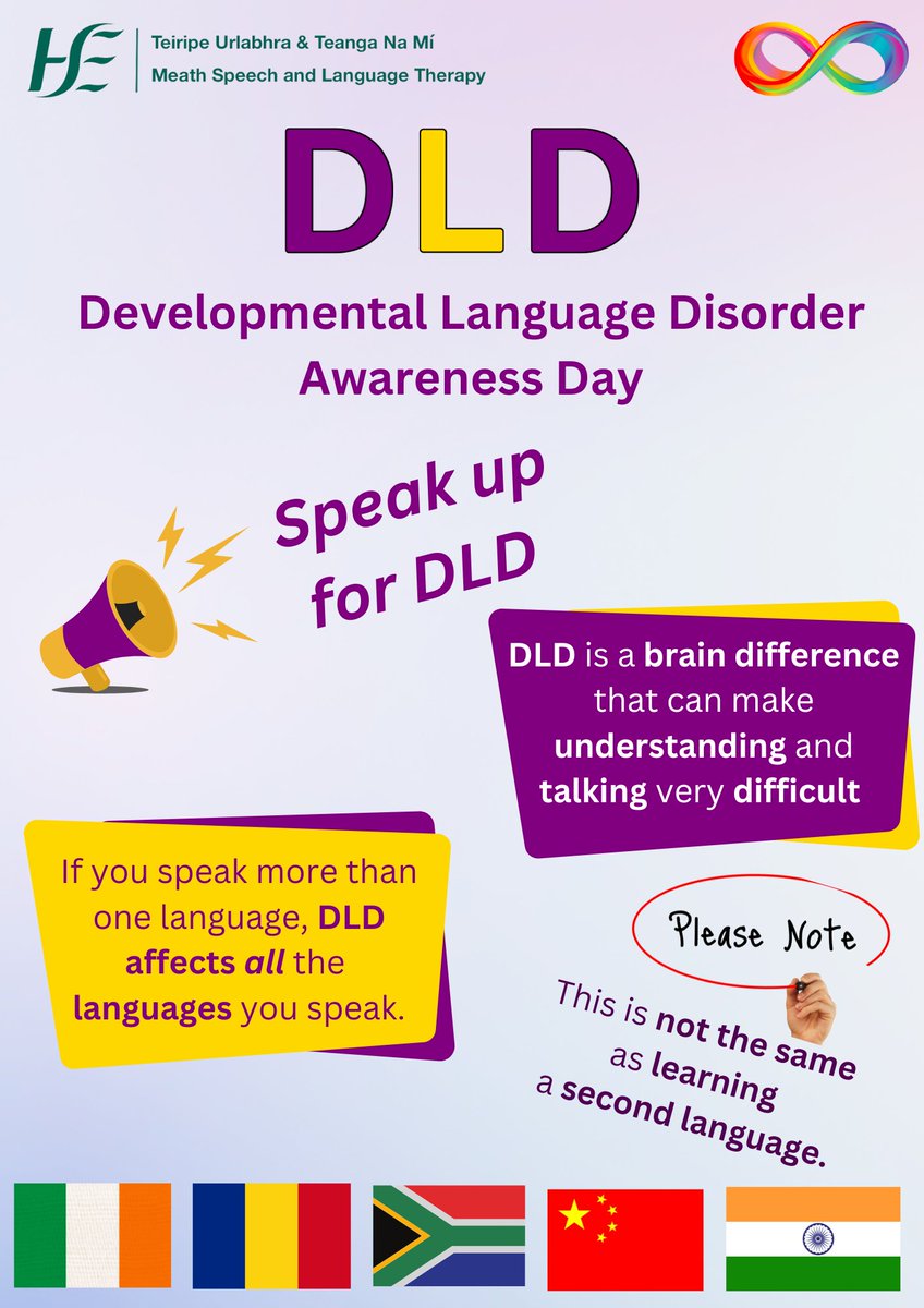 MeathSLT's tweet photo. Today is Developmental Language Disorder (DLD) Awareness Day 💛💜

The theme this year is "Speak Up for DLD"

DLD is a brain difference that can make understanding and talking very difficult.
@RADLDcam @iaslt

#DLDday #DLDday2024 #DLD #Neurodiversity  #SLT #SLP #Communication https://t.co/ugKczmAxnx
