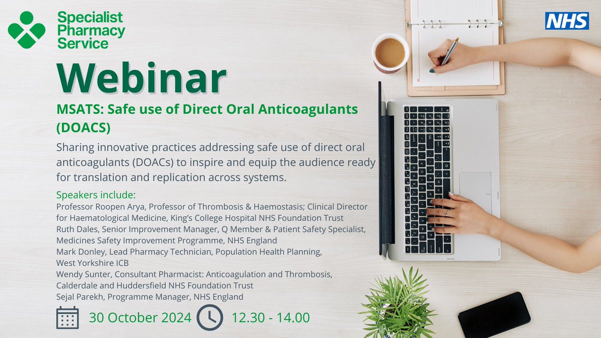 NHS_SPS's tweet photo. Are you interested in safe use of DOACs?
Join our next medication safety webinar
Wed 30 Oct 12.30-2pm
For more info & to register, click here ⤵️
https://t.co/rLhcphbpE8
#MSATS #DoOnceAndShare https://t.co/34hZ2WLN7J