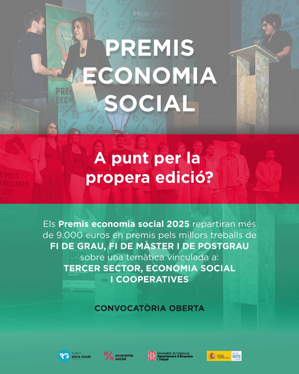 rocagales's tweet photo. Estàs a punt per la propera edició dels #PremisEconomiaSocial?
Repartirem més de 9.000€ en #premis per als millors treballs de final de grau, de màster i de postgrau sobre temàtiques vinculades al #3rsector #ESS i #cooperatives
https://t.co/njmgXvY7qI https://t.co/smvDWXWDie