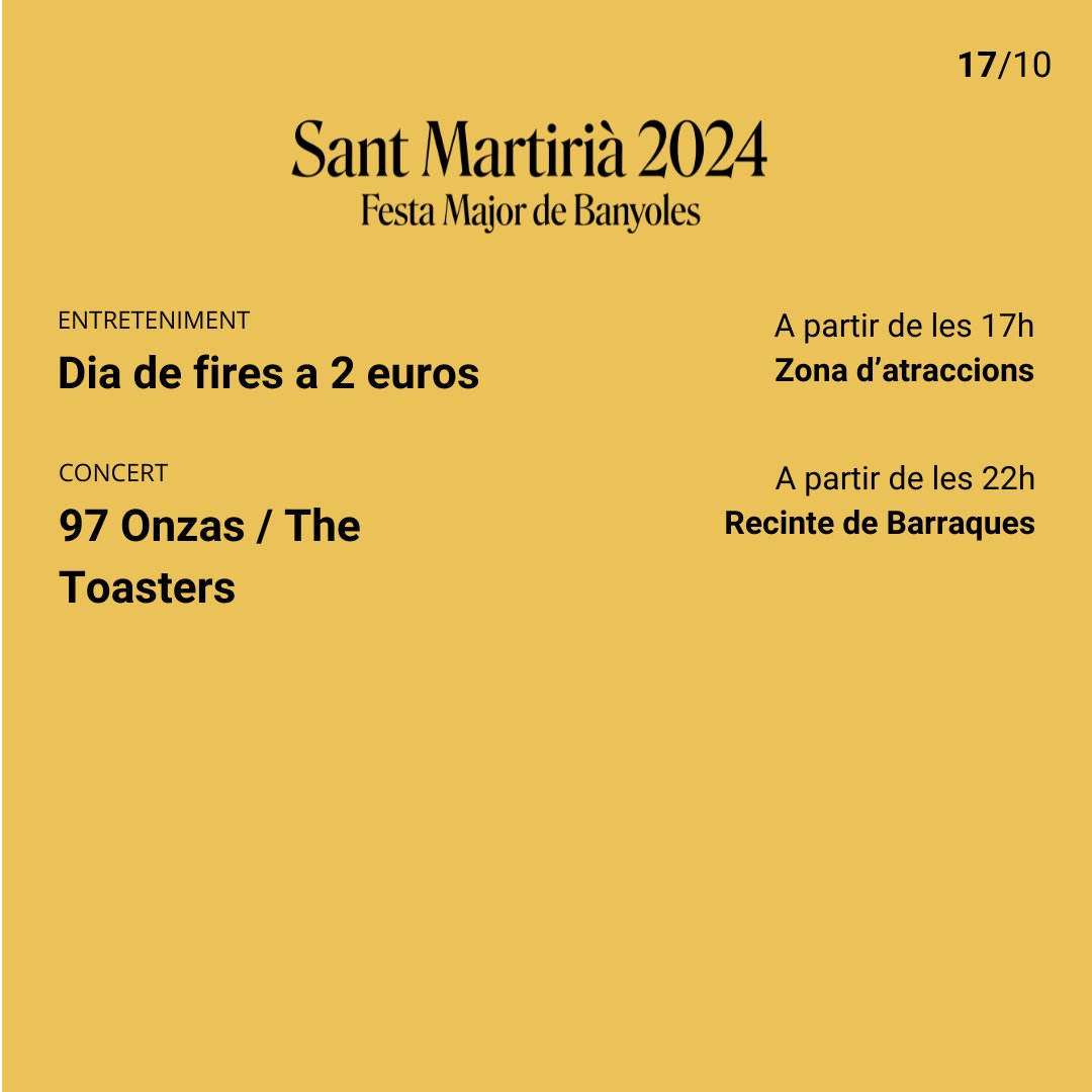 🎉🔛FESTA MAJOR!!!

Arriben les primeres activitats al recinte de Barraques i la zona de les atraccions

🎠Dia de Fires a 2 euros
🎶Concerts 97 Onzas i The Toasters

🤳 Consulta tota la programació a festesbanyoles.cat

#FestaMajor #SantMartirià2024 #Banyoles #deBanyoles