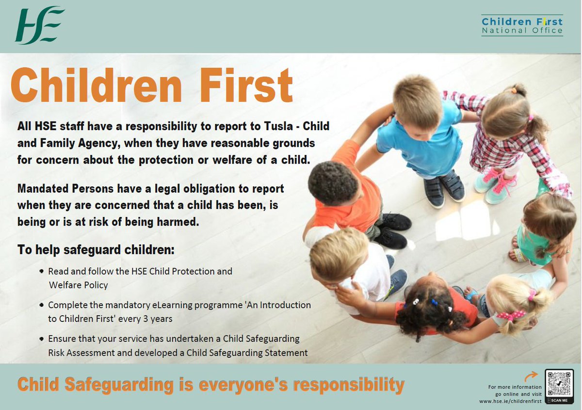 HSEDubMidlands's tweet photo. This week is #ChildrenFirstAwarenessWeek.
Child safeguarding is everyone's responsibility.
For more information: https://t.co/TByRfLIGgf
#ChildrenFirst https://t.co/rNFRxqOJwR