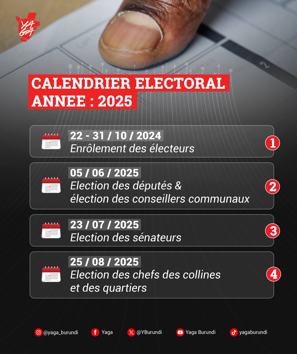 🗳️ Calendrier électoral 2025 : les dates sont confirmées 

📊 Jetez un coup d'œil au graphique pour suivre les moments clés du processus électoral 2025.

Ces informations ont été rendues officielles par la <a href="/CeniBurundi/">Commission Electorale Nationale Indépendante</a>, ce 15 octobre 2024 ✍🏾

#politique #elections2025