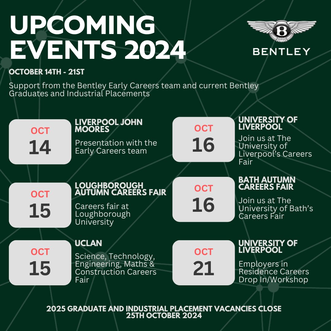 BentleyCareers's tweet image. 🔎Looking for an Industrial Placement or Graduate role @BentleyMotors? 

Come and talk to our colleagues and learn more about life at Bentley! ⭐️

Applications for our 2025 vacancies close 25th October.

 APPLY NOW👉 bit.ly/BentleyEarlyCa…

#EarlyCareers #GraduateScheme