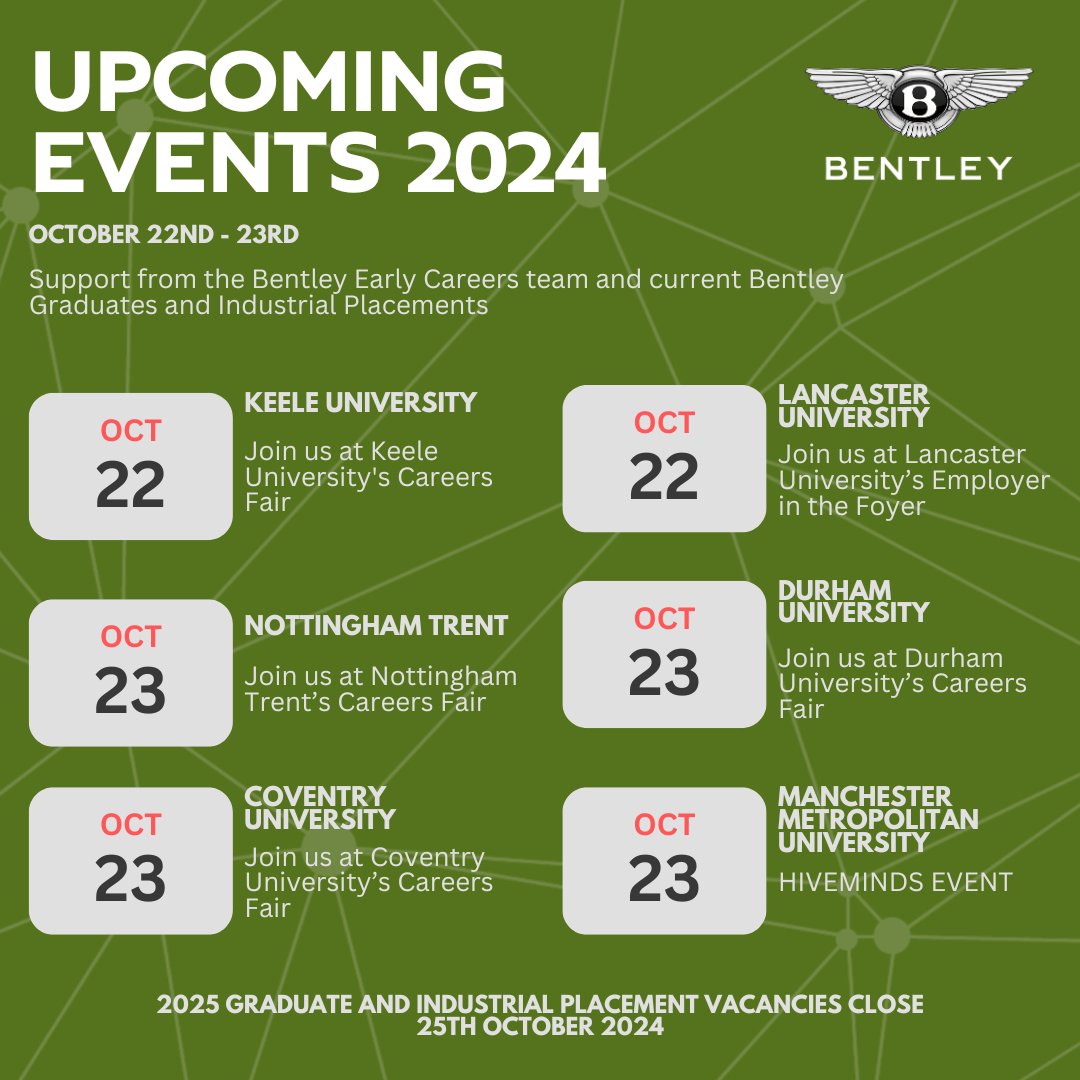 BentleyCareers's tweet image. 🔎Looking for an Industrial Placement or Graduate role @BentleyMotors? 

Come and talk to our colleagues and learn more about life at Bentley! ⭐️

Applications for our 2025 vacancies close 25th October.

 APPLY NOW👉 bit.ly/BentleyEarlyCa…

#EarlyCareers #GraduateScheme
